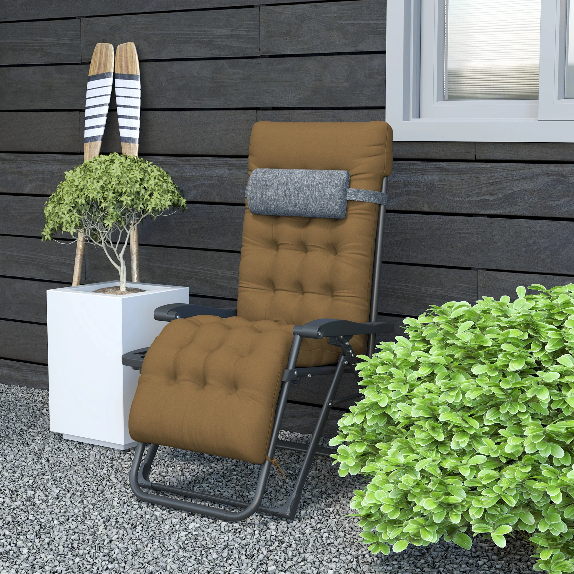 Padded Zero Gravity Chair with Cup Holder and Cushion, Light Khaki - Image 10
