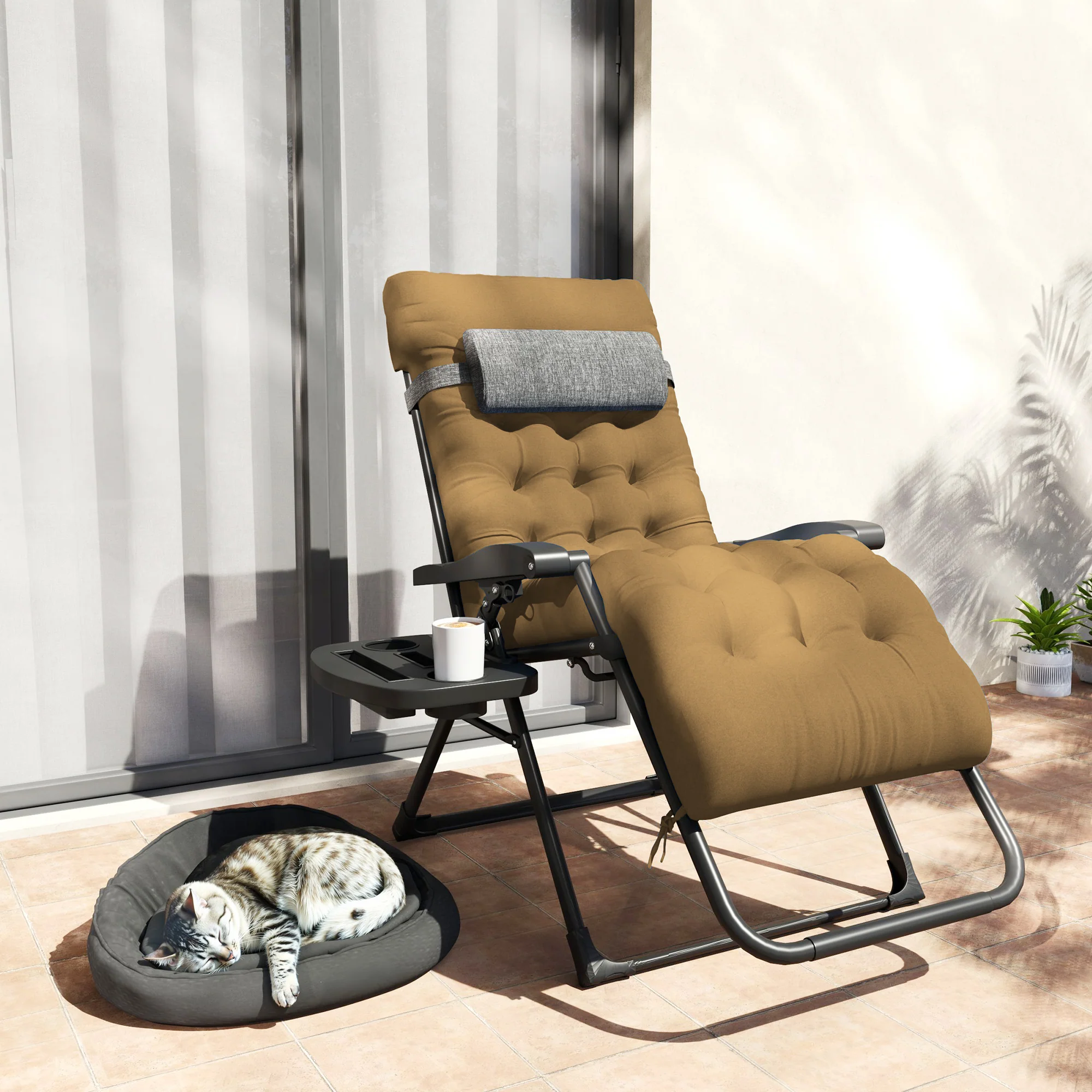 Padded Zero Gravity Chair with Cup Holder and Cushion, Light Khaki - Image 11