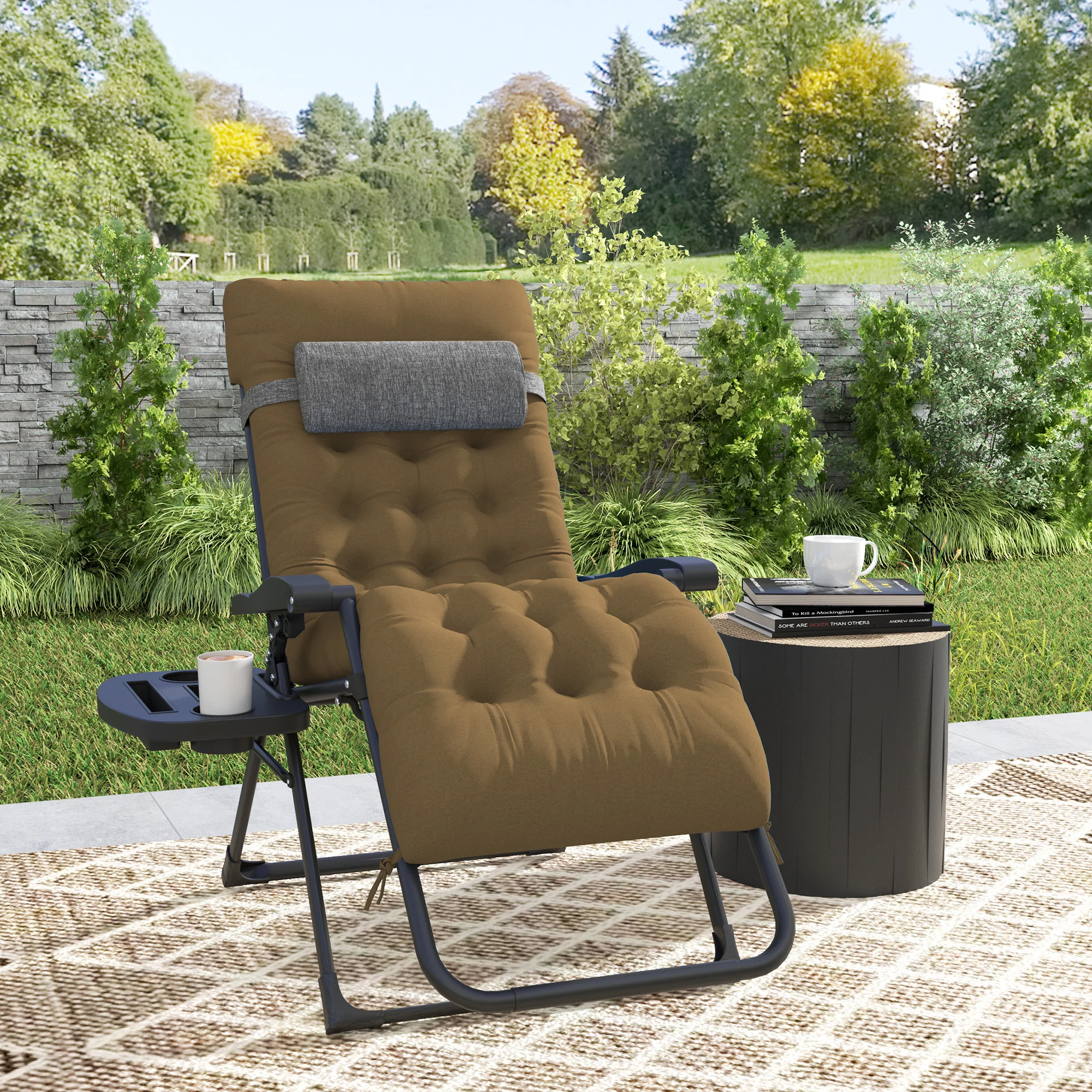 Padded Zero Gravity Chair with Cup Holder and Cushion, Light Khaki - Image 4
