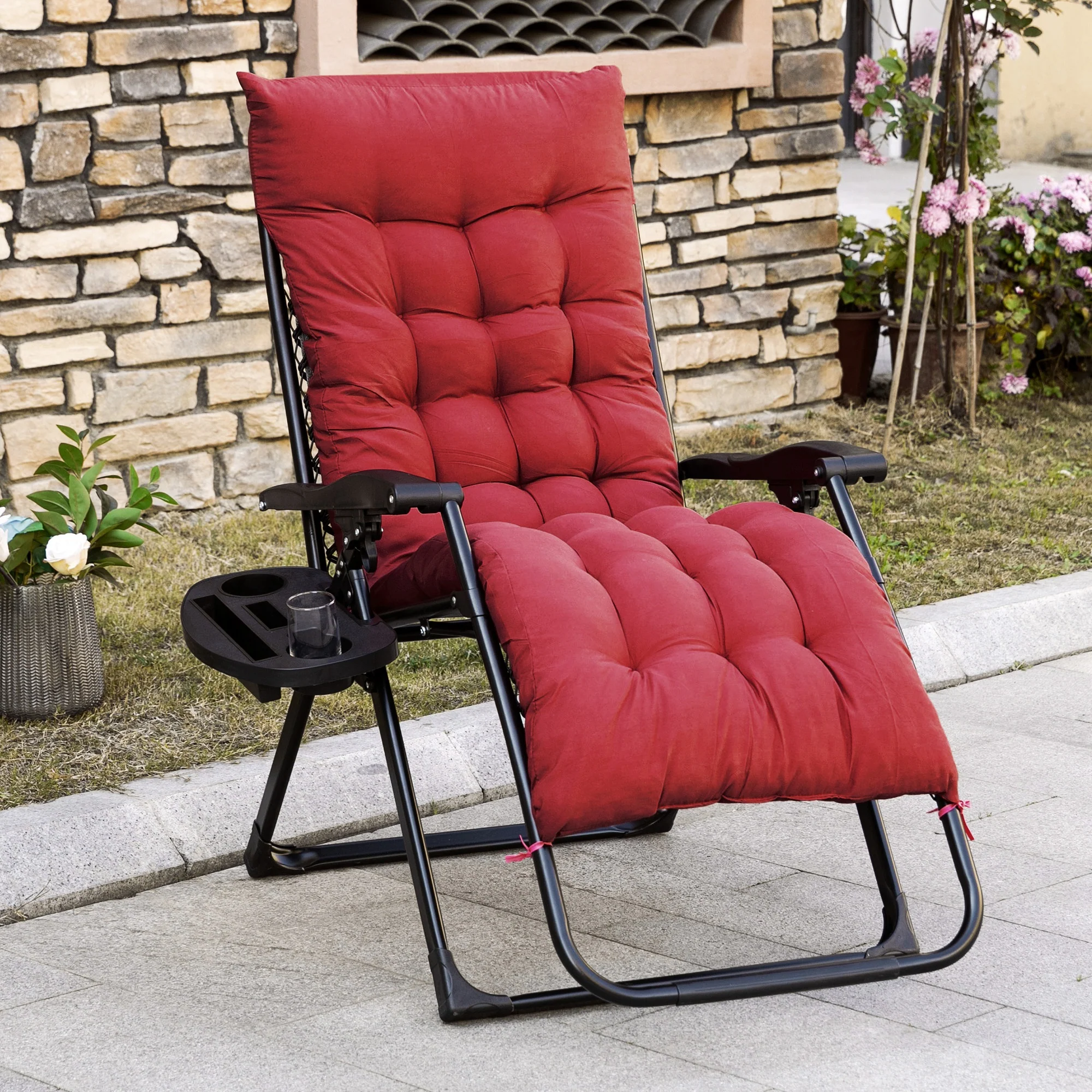 Padded Folding Recliner Chair with Cupholder, Adjustable Backrest & Cushion, Red - Image 3