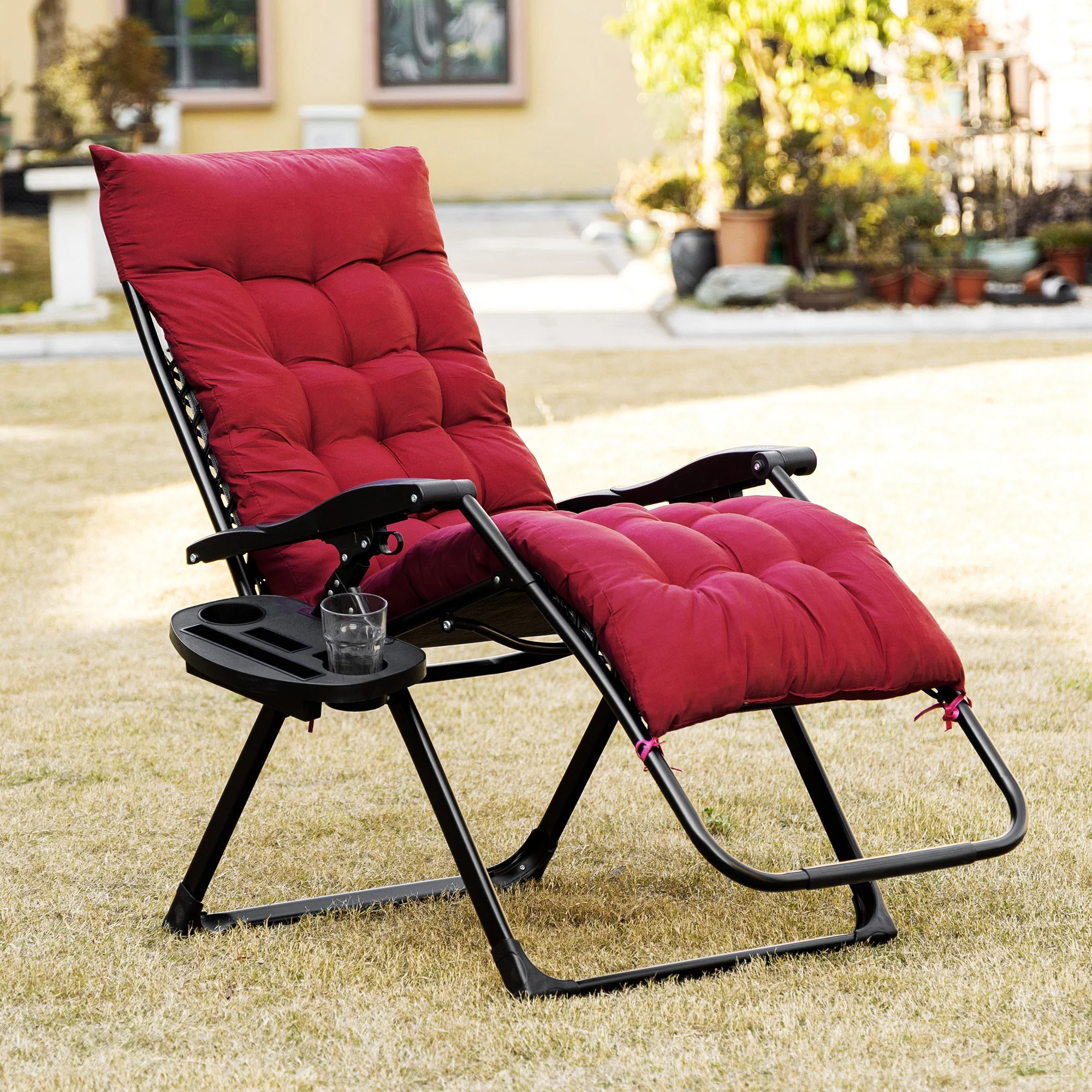 Padded Folding Recliner Chair with Cupholder, Adjustable Backrest & Cushion, Red - Image 4