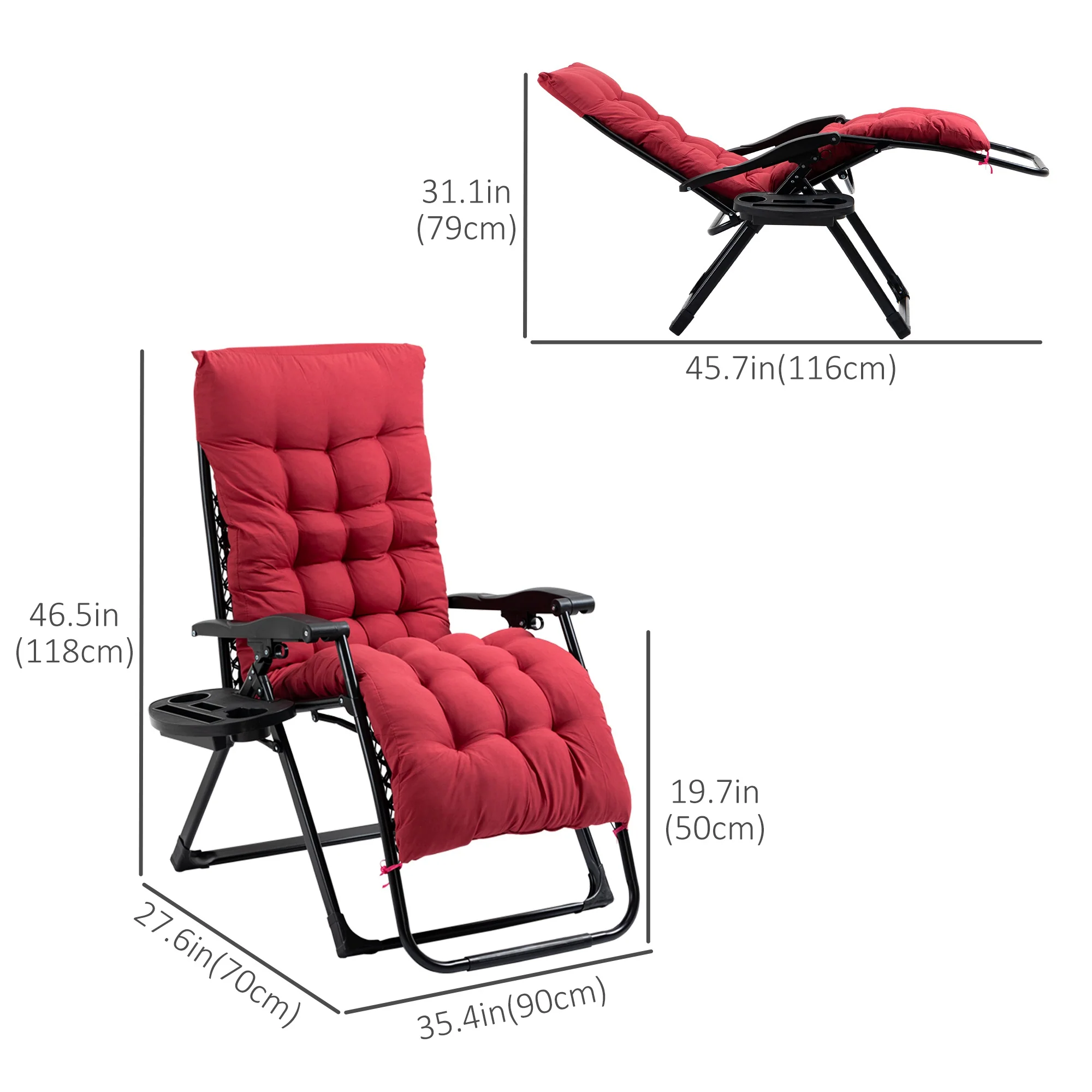 Padded Folding Recliner Chair with Cupholder, Adjustable Backrest & Cushion, Red - Image 5