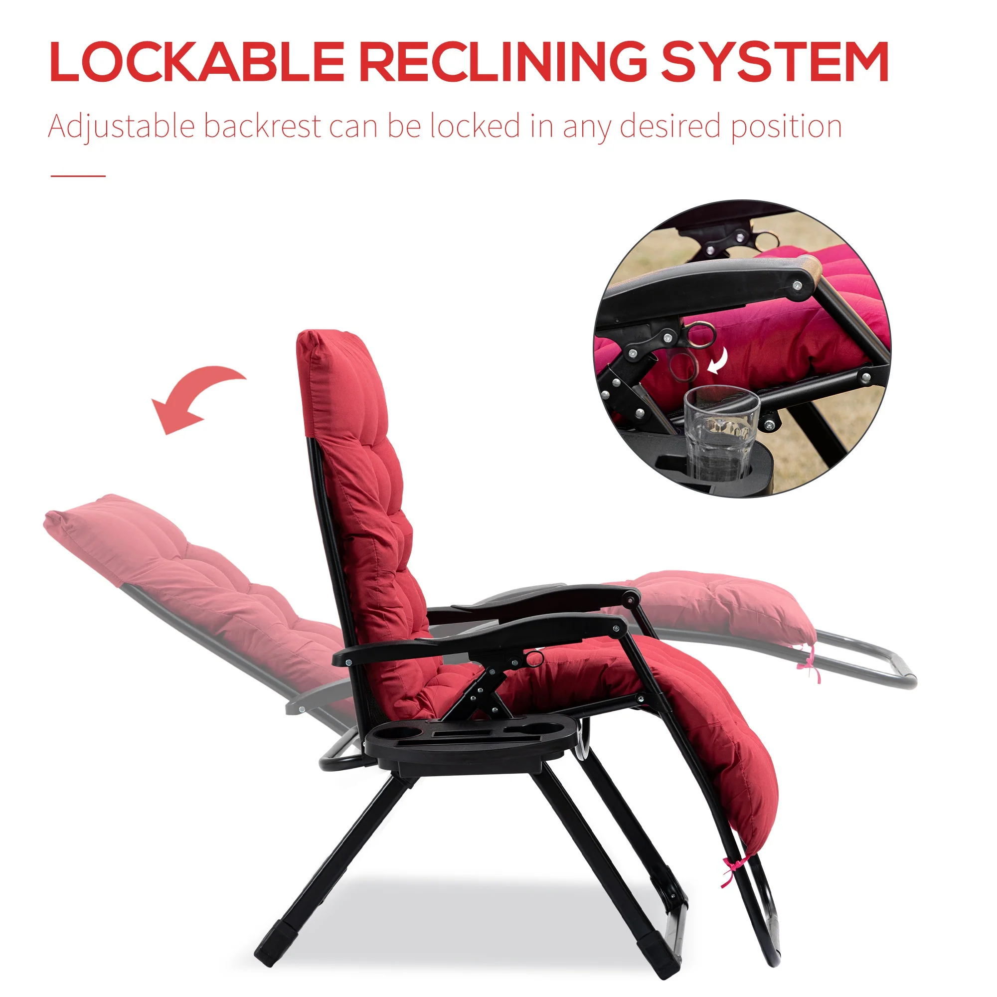 Padded Folding Recliner Chair with Cupholder, Adjustable Backrest & Cushion, Red - Image 6