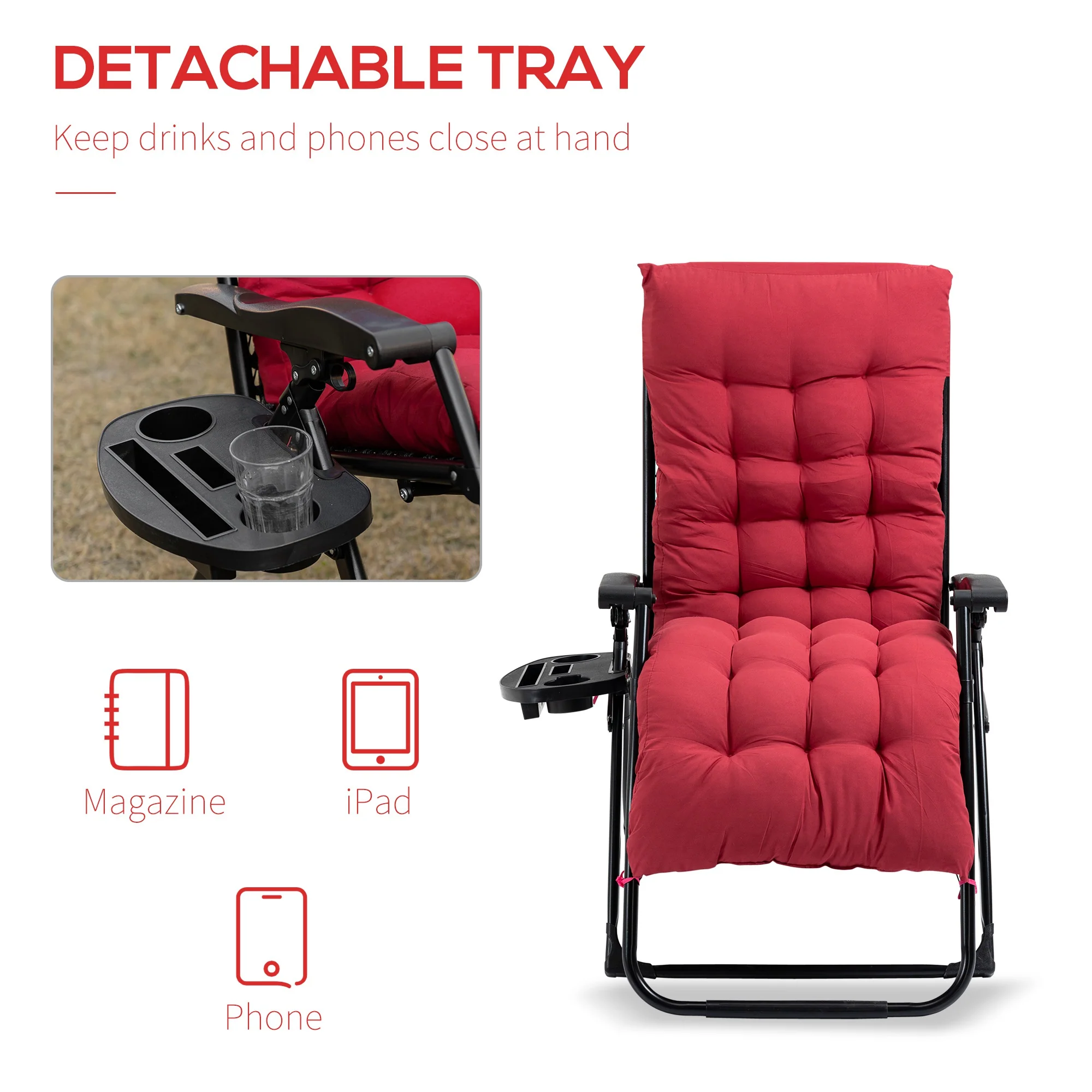 Padded Folding Recliner Chair with Cupholder, Adjustable Backrest & Cushion, Red - Image 8