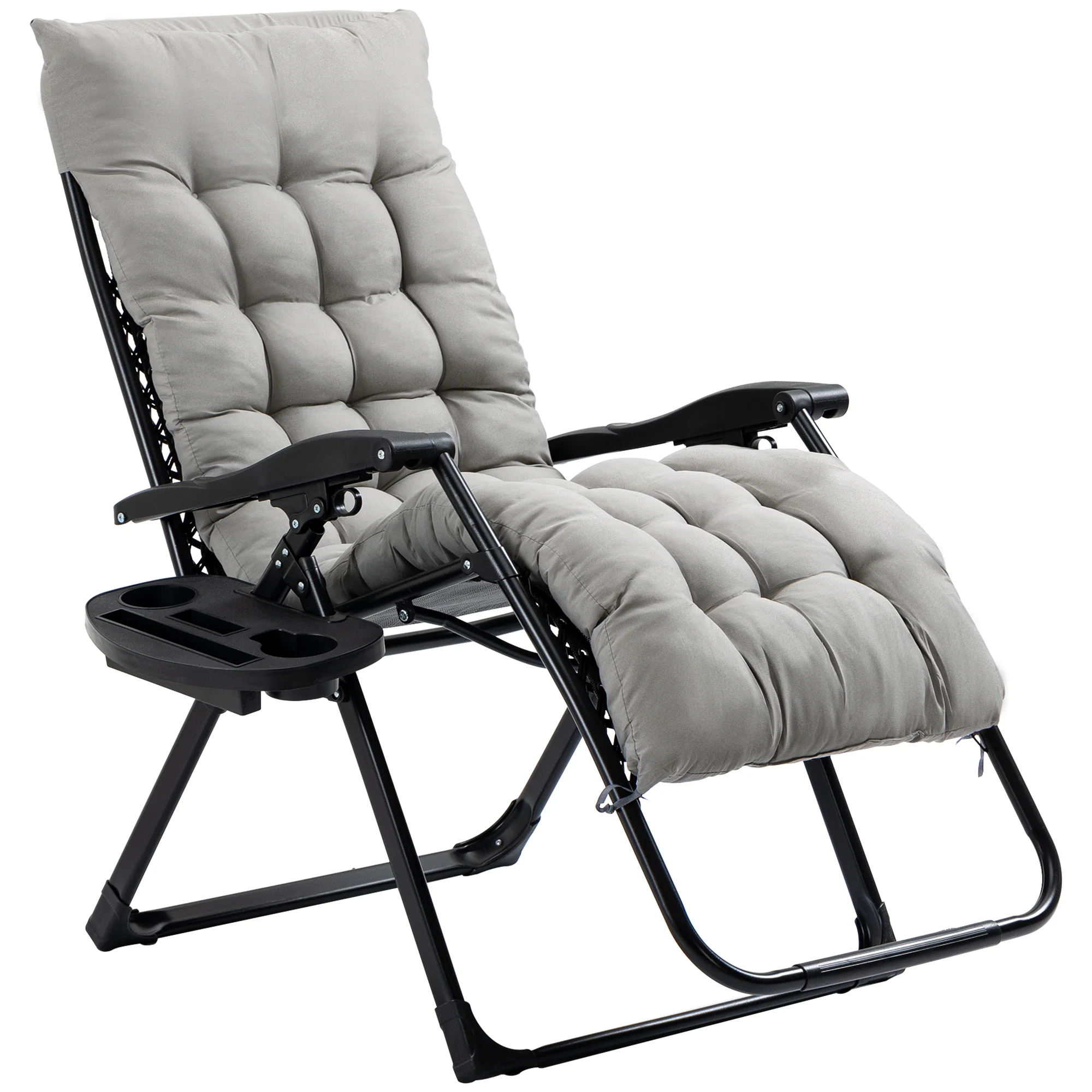 Padded Folding Recliner Chair with Cupholder, Adjustable Backrest & Cushion, Grey