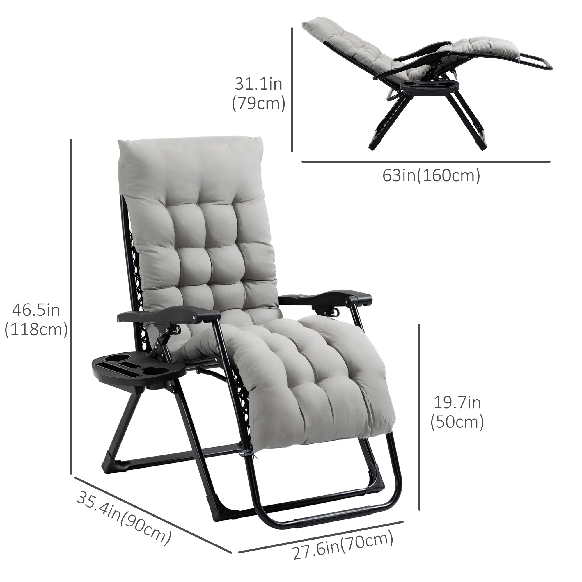 Padded Folding Recliner Chair with Cupholder, Adjustable Backrest & Cushion, Grey - Image 5