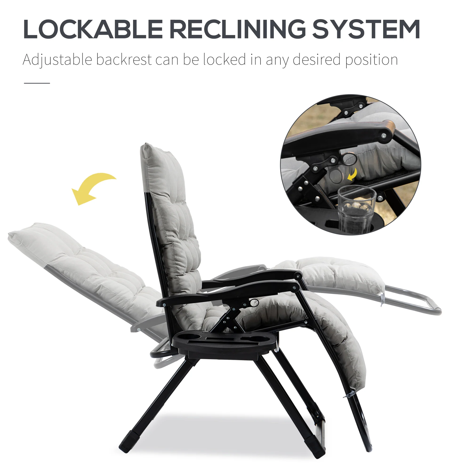 Padded Folding Recliner Chair with Cupholder, Adjustable Backrest & Cushion, Grey - Image 6
