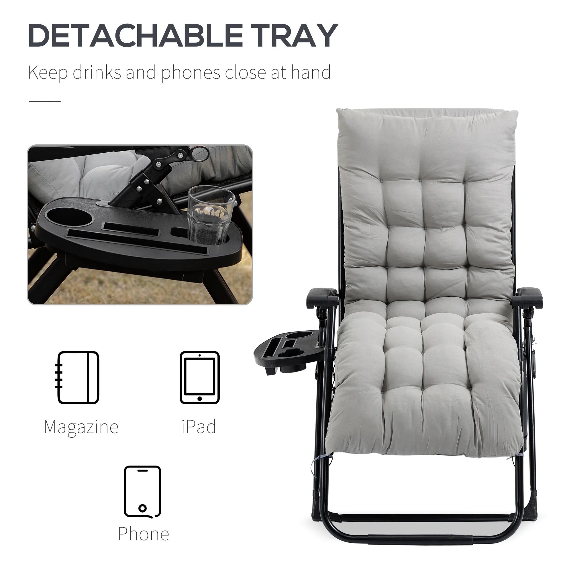 Padded Folding Recliner Chair with Cupholder, Adjustable Backrest & Cushion, Grey - Image 8