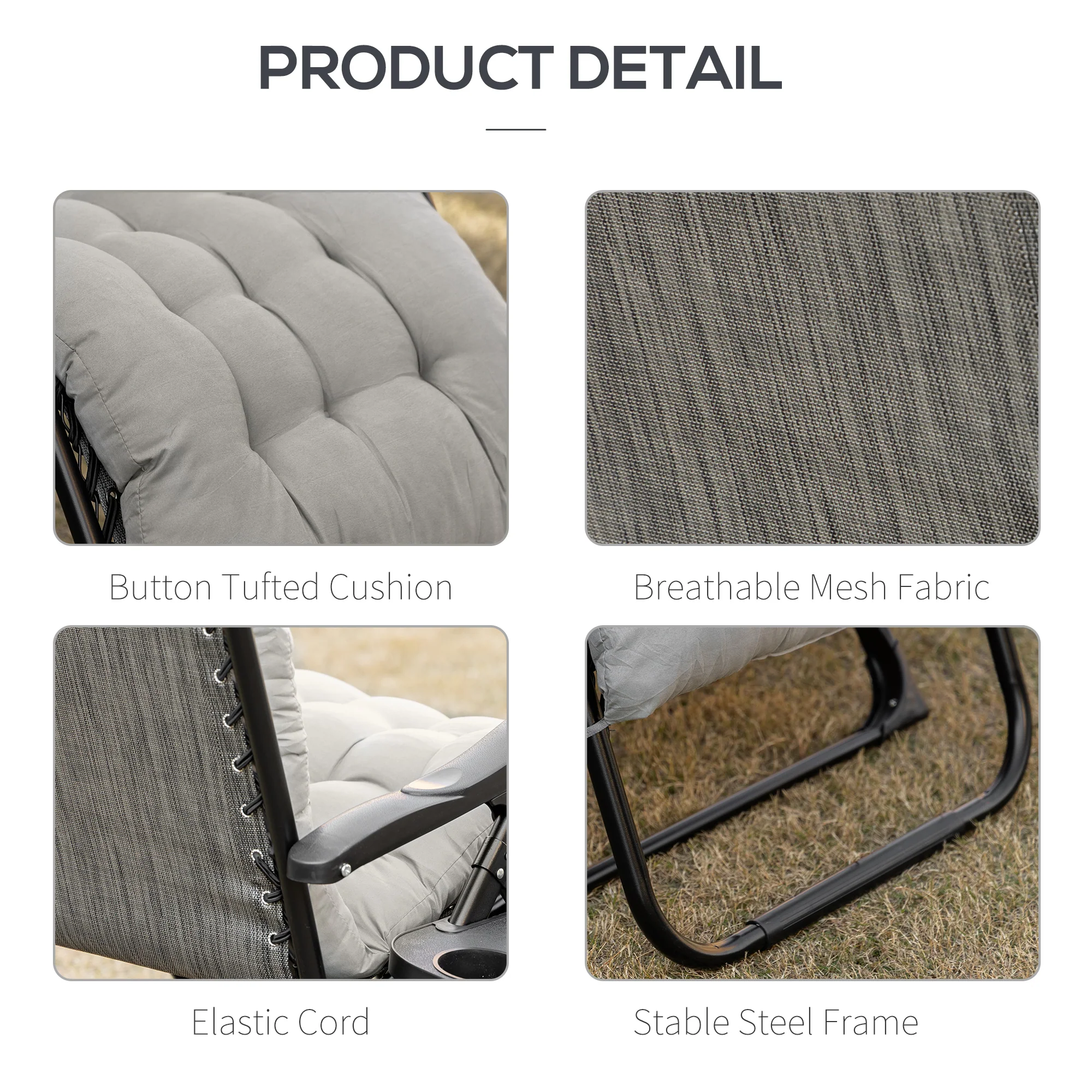 Padded Folding Recliner Chair with Cupholder, Adjustable Backrest & Cushion, Grey - Image 9