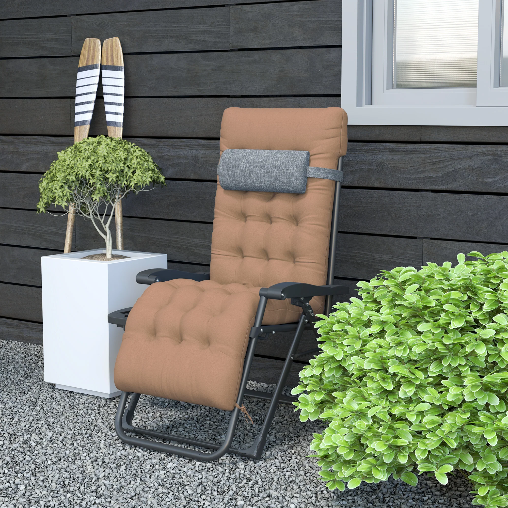 Padded Folding Recliner Chair with Cupholder, Adjustable Backrest & Cushion, Khaki - Image 10