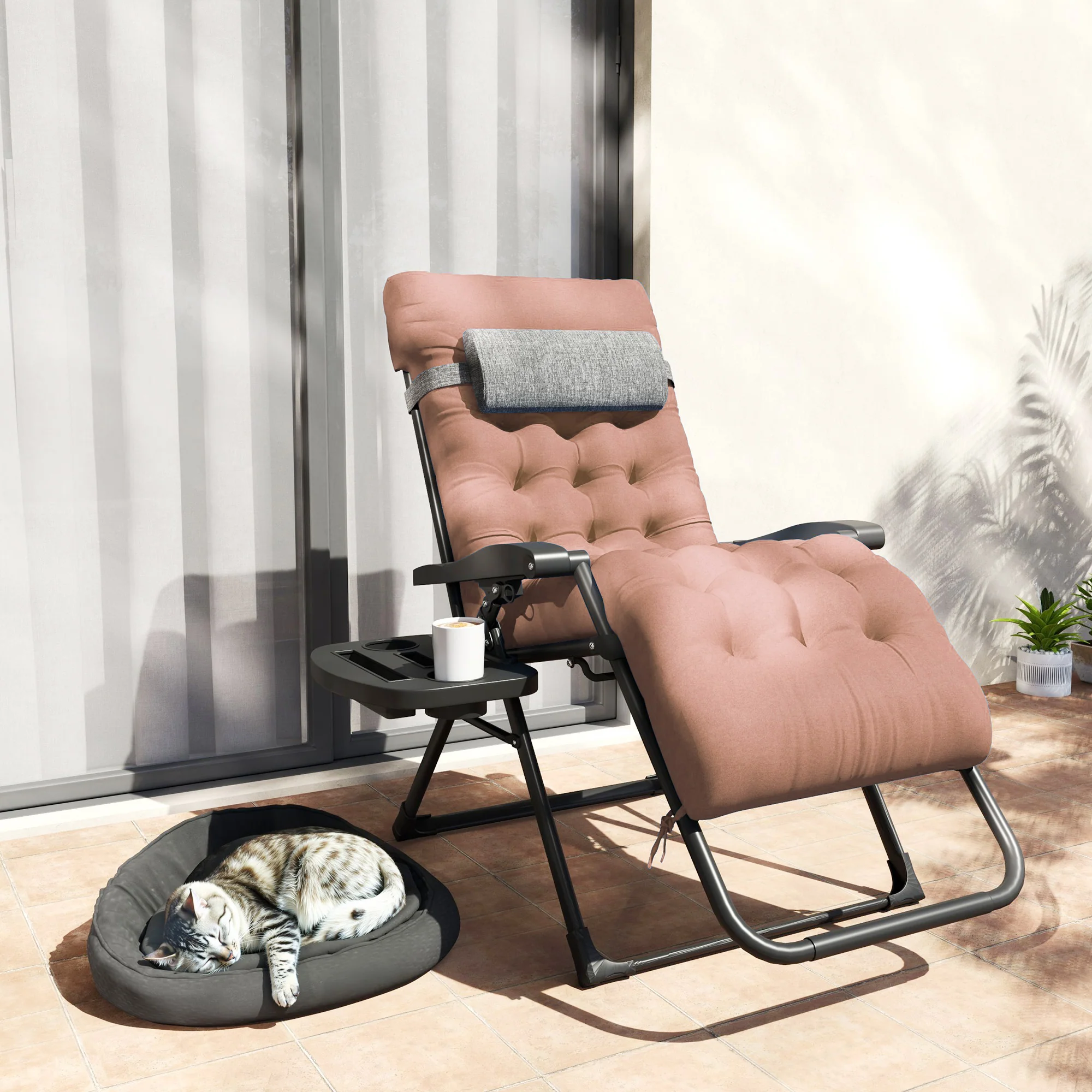 Padded Folding Recliner Chair with Cupholder, Adjustable Backrest & Cushion, Khaki - Image 11