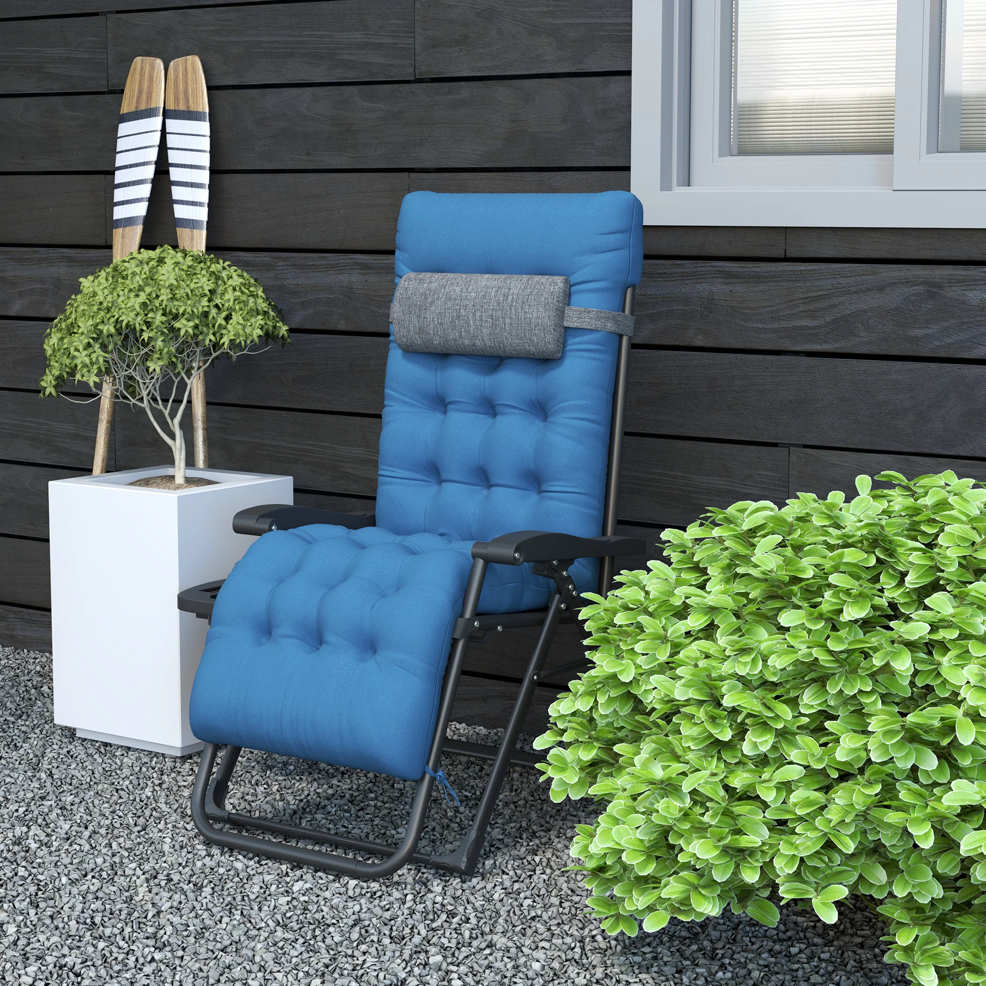 Padded Folding Recliner Chair with Cupholder, Adjustable Backrest & Cushion, Navy Blue - Image 10