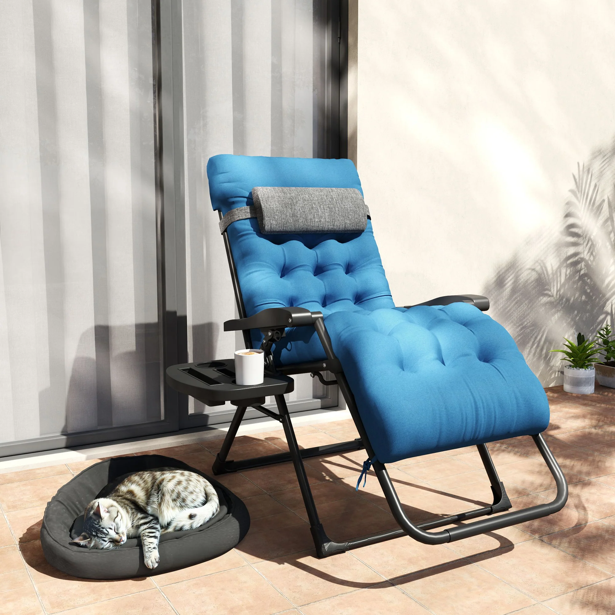 Padded Folding Recliner Chair with Cupholder, Adjustable Backrest & Cushion, Navy Blue - Image 11