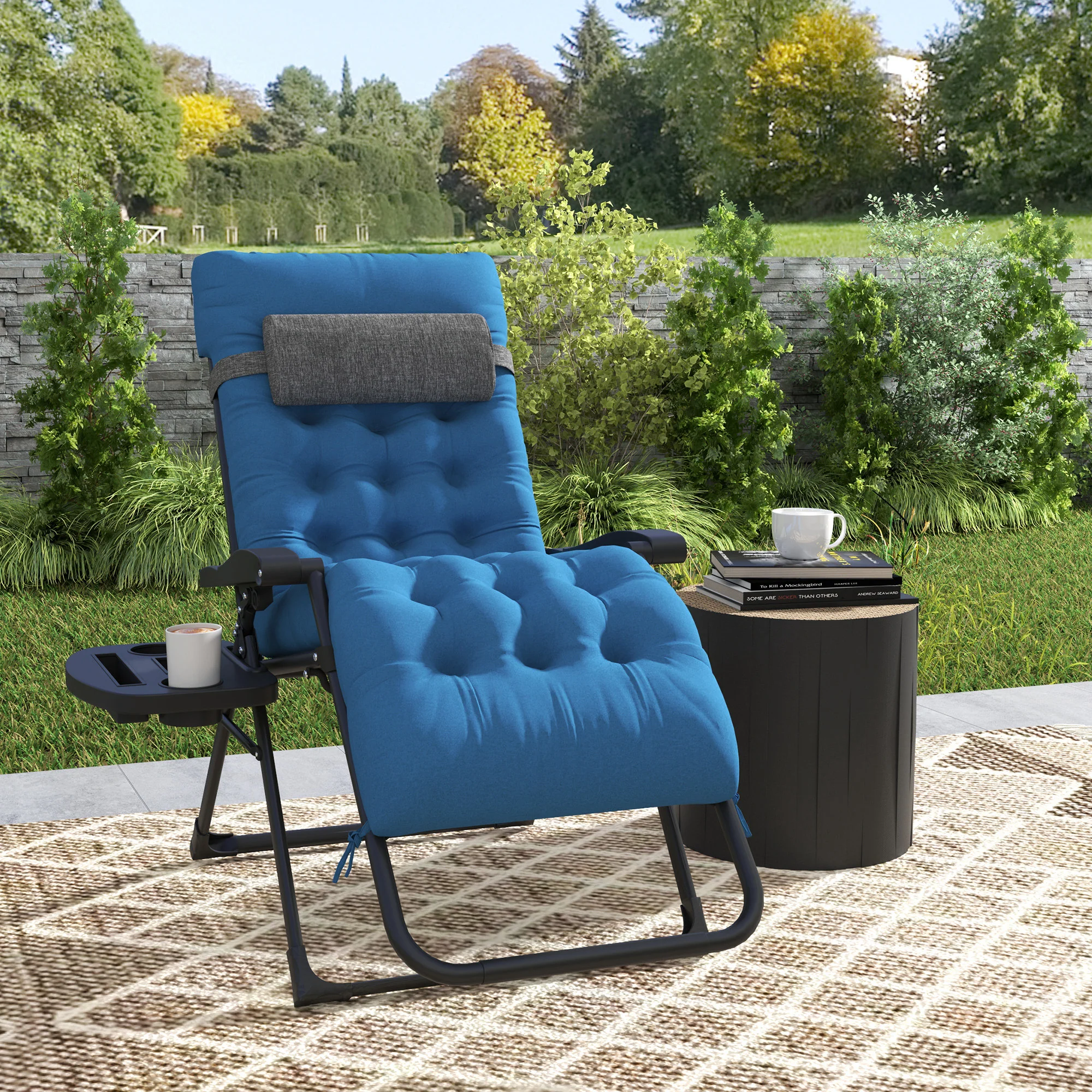 Padded Folding Recliner Chair with Cupholder, Adjustable Backrest & Cushion, Navy Blue - Image 4