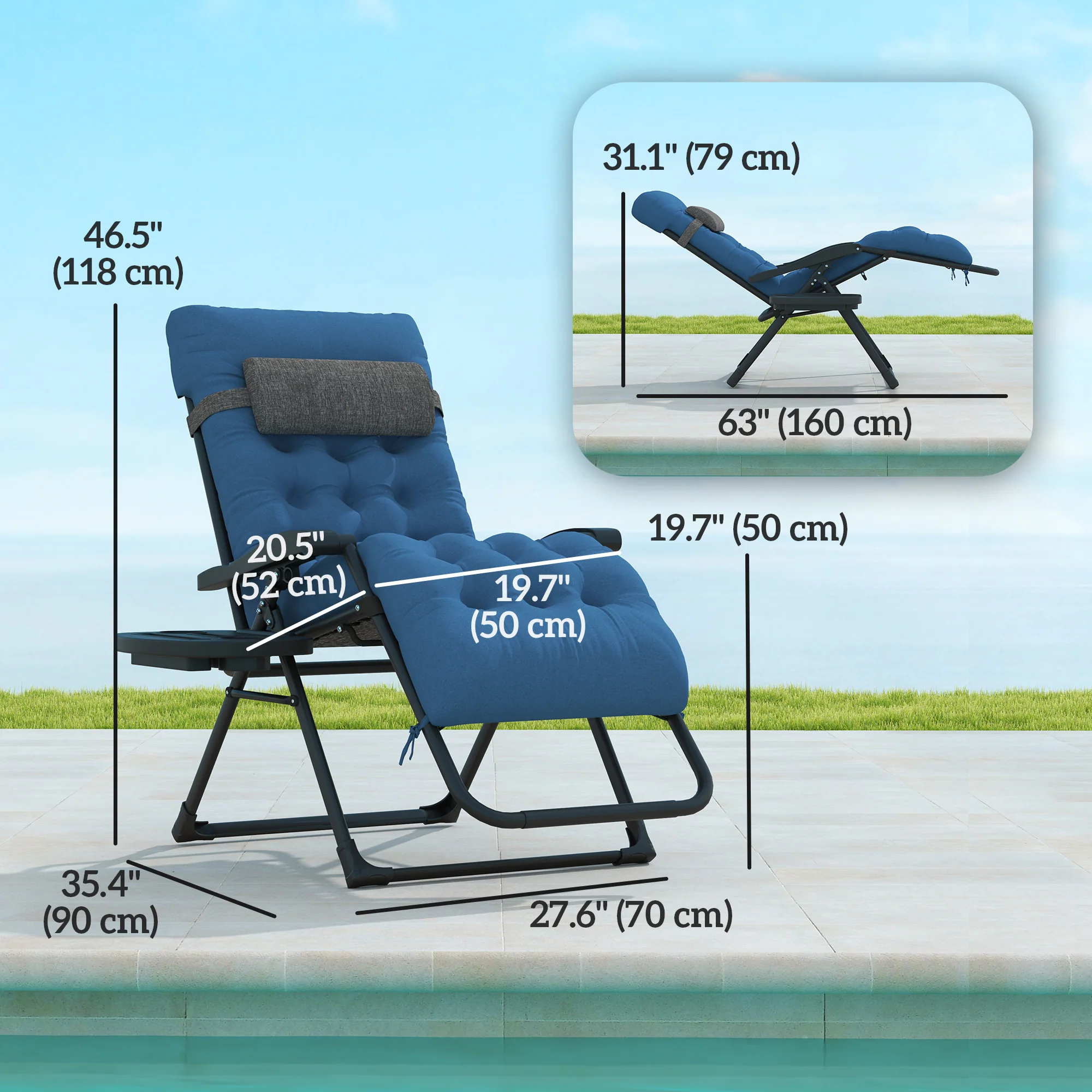 Padded Folding Recliner Chair with Cupholder, Adjustable Backrest & Cushion, Navy Blue - Image 5