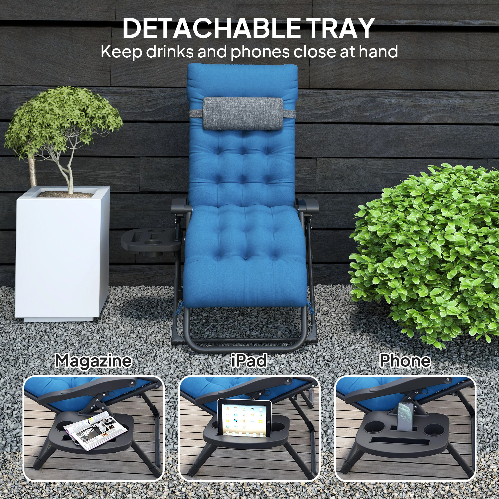 Padded Folding Recliner Chair with Cupholder, Adjustable Backrest & Cushion, Navy Blue - Image 8