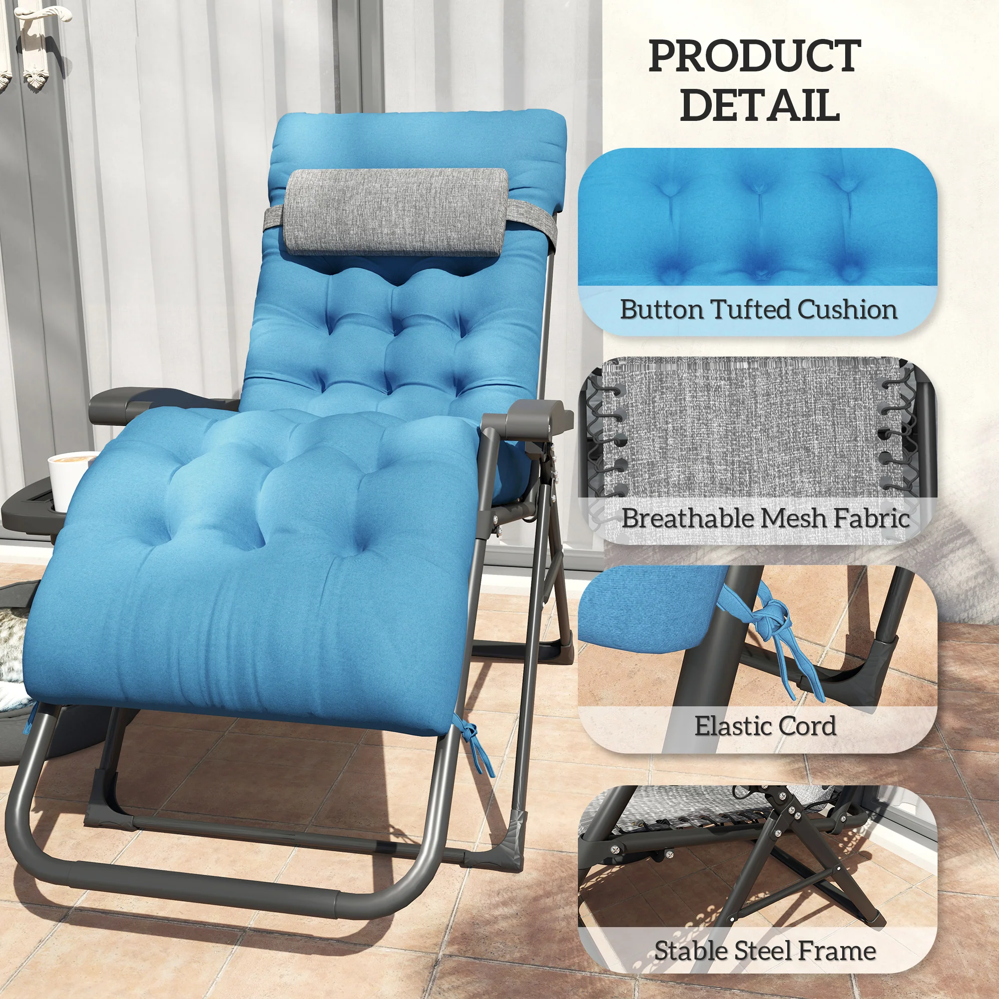 Padded Folding Recliner Chair with Cupholder, Adjustable Backrest & Cushion, Navy Blue - Image 9