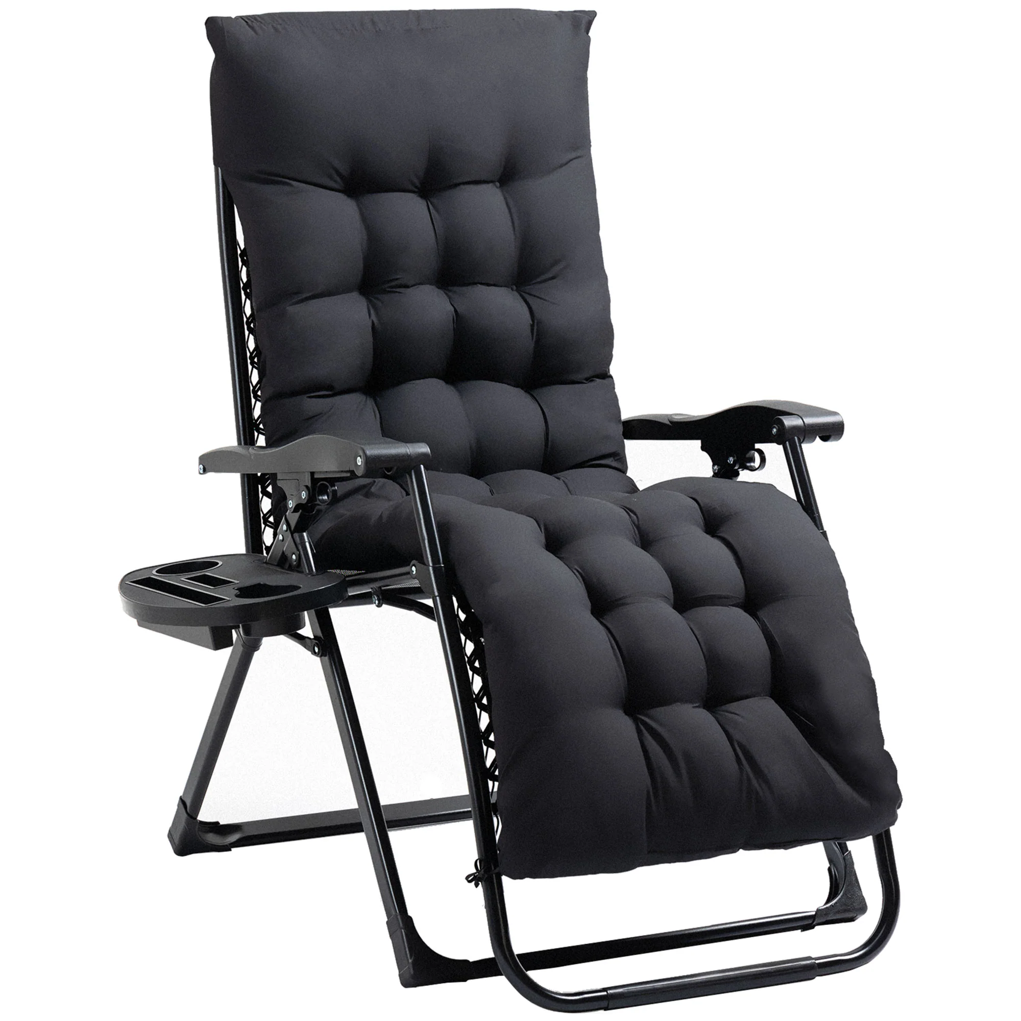 Padded Folding Recliner Chair with Cupholder, Adjustable Backrest & Cushion, Black - Image 2
