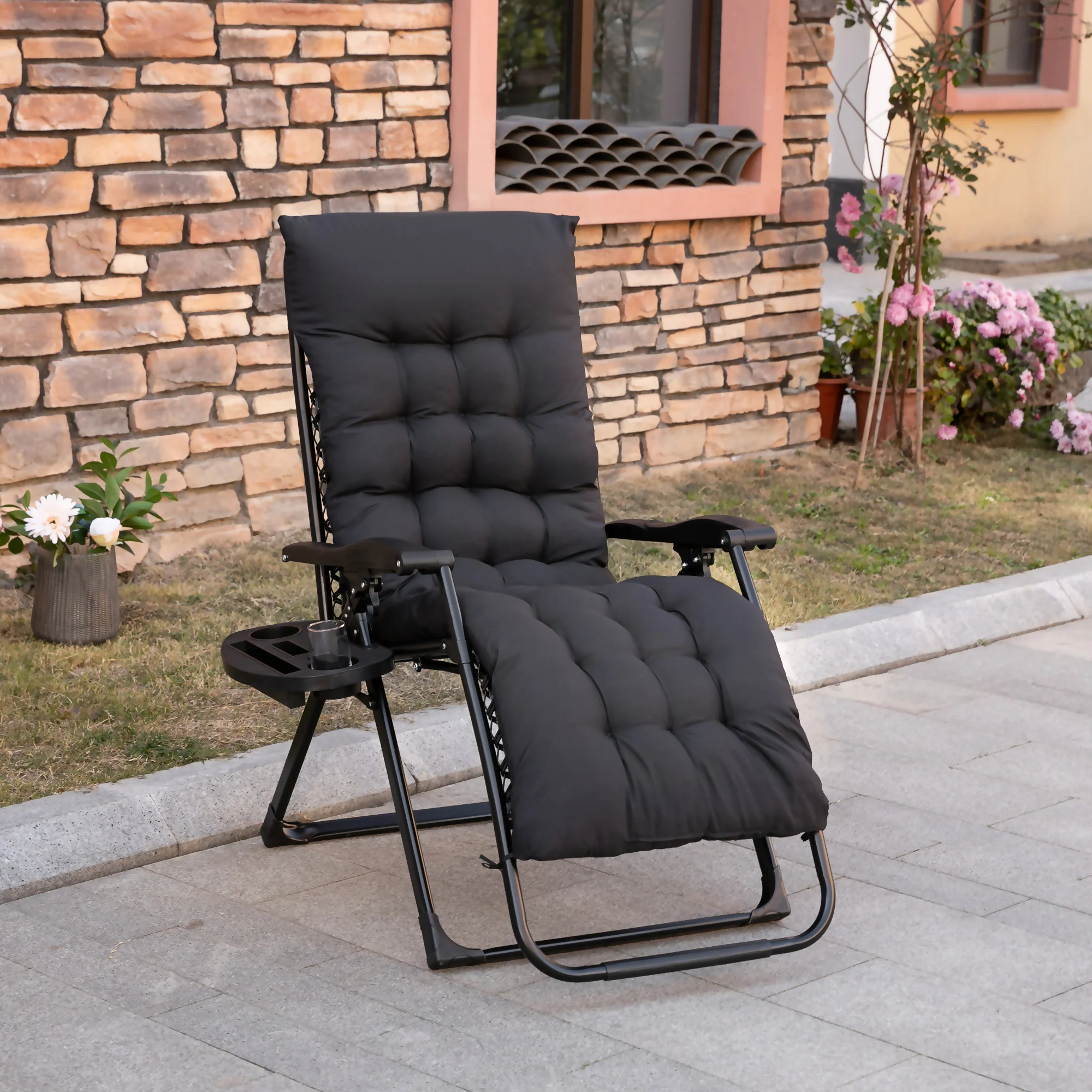 Padded Folding Recliner Chair with Cupholder, Adjustable Backrest & Cushion, Black - Image 3