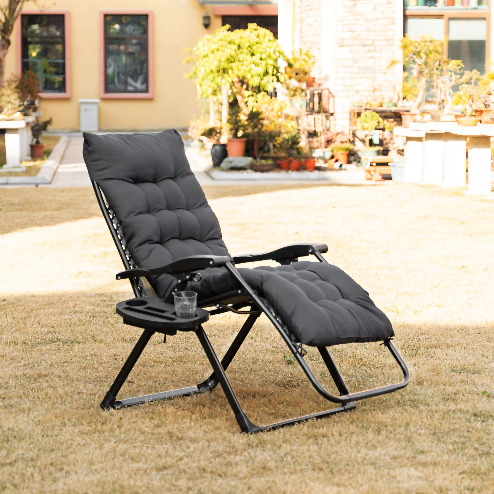 Padded Folding Recliner Chair with Cupholder, Adjustable Backrest & Cushion, Black - Image 4
