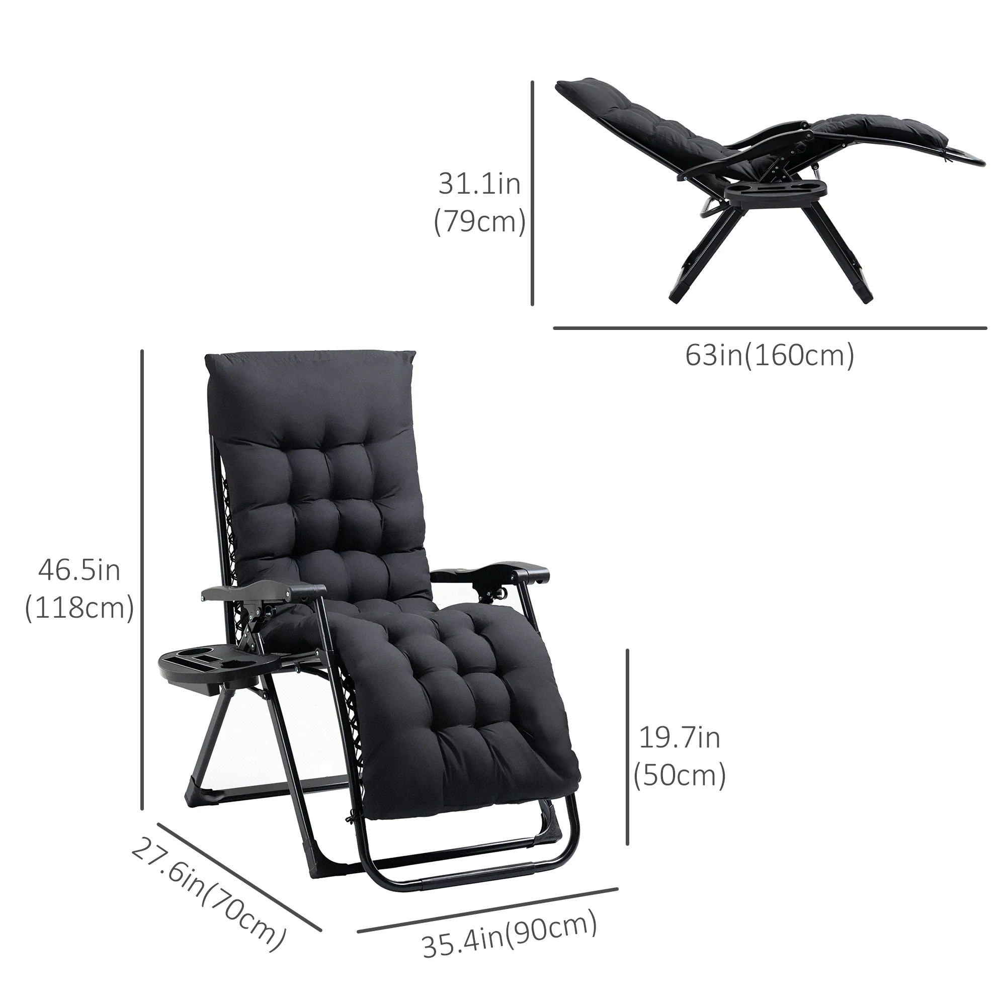 Padded Folding Recliner Chair with Cupholder, Adjustable Backrest & Cushion, Black - Image 5
