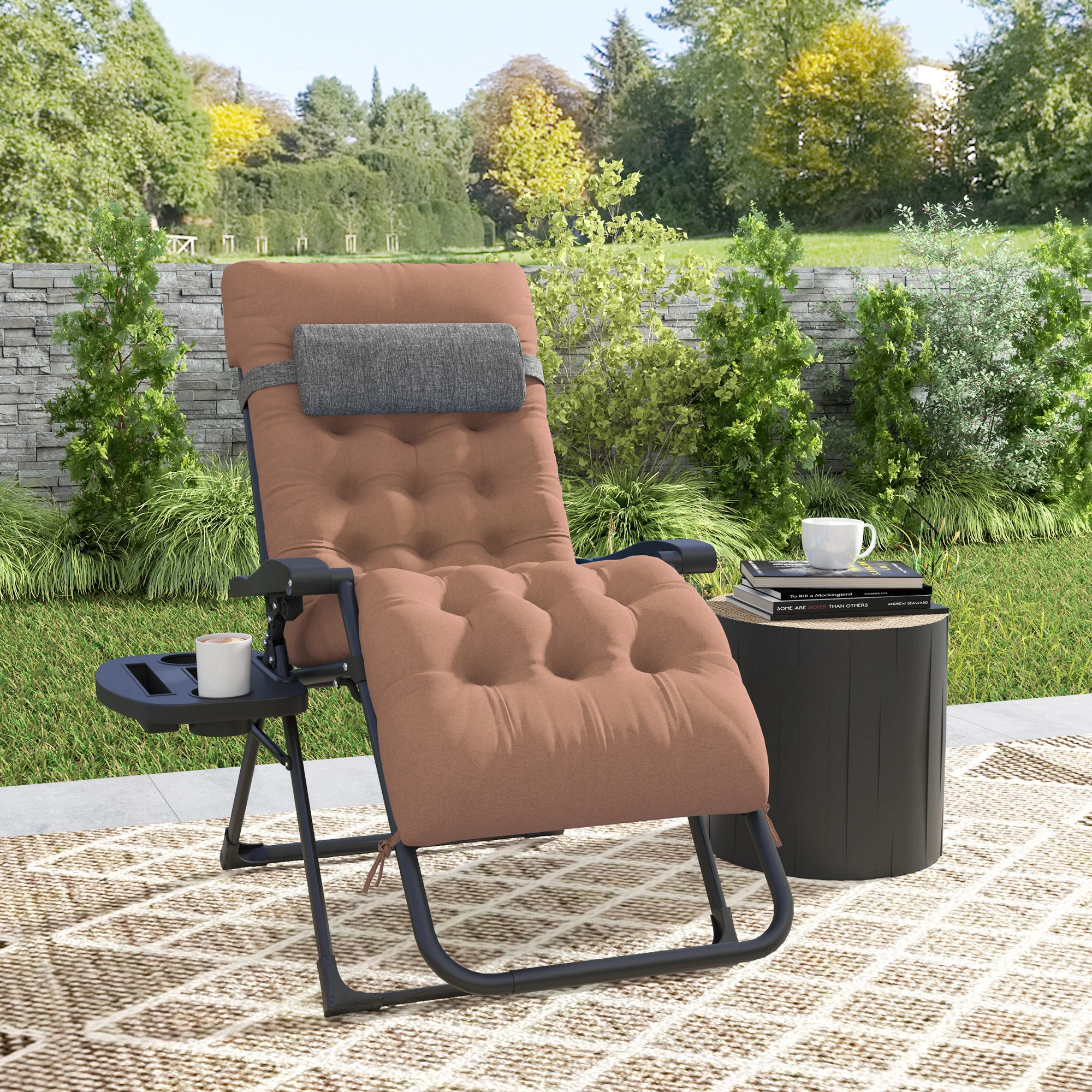Padded Folding Recliner Chair with Cupholder, Adjustable Backrest & Cushion, Khaki - Image 4
