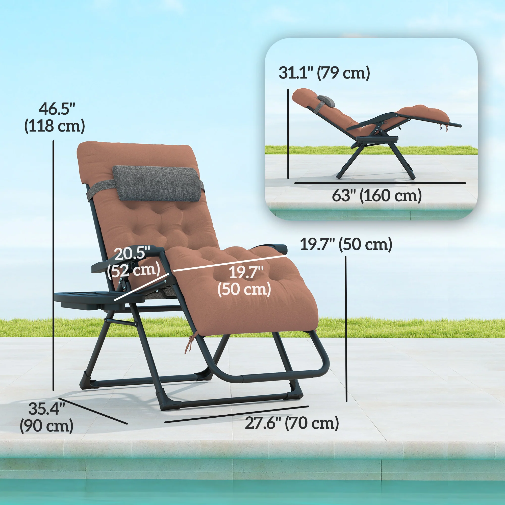 Padded Folding Recliner Chair with Cupholder, Adjustable Backrest & Cushion, Khaki - Image 5