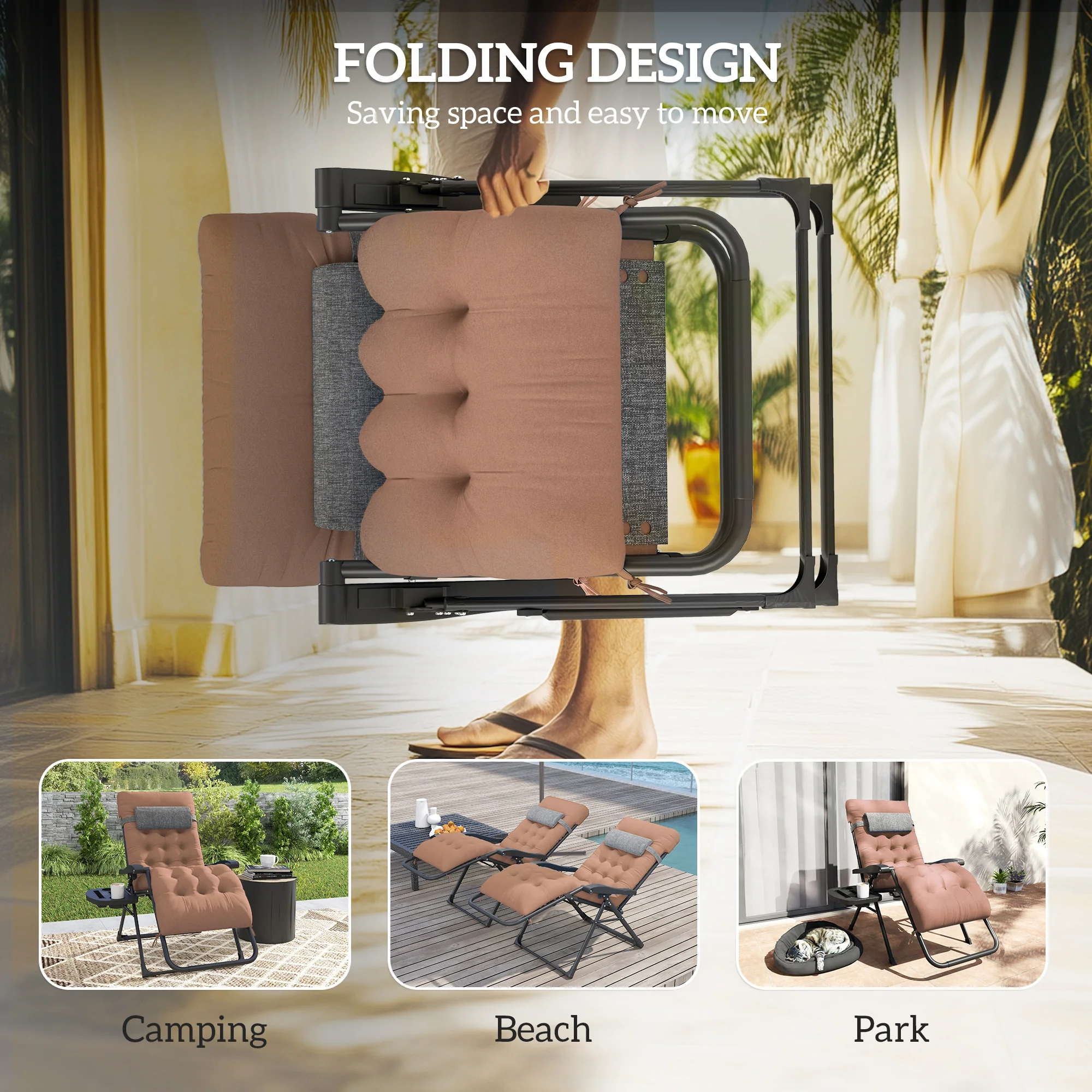Padded Folding Recliner Chair with Cupholder, Adjustable Backrest & Cushion, Khaki - Image 7