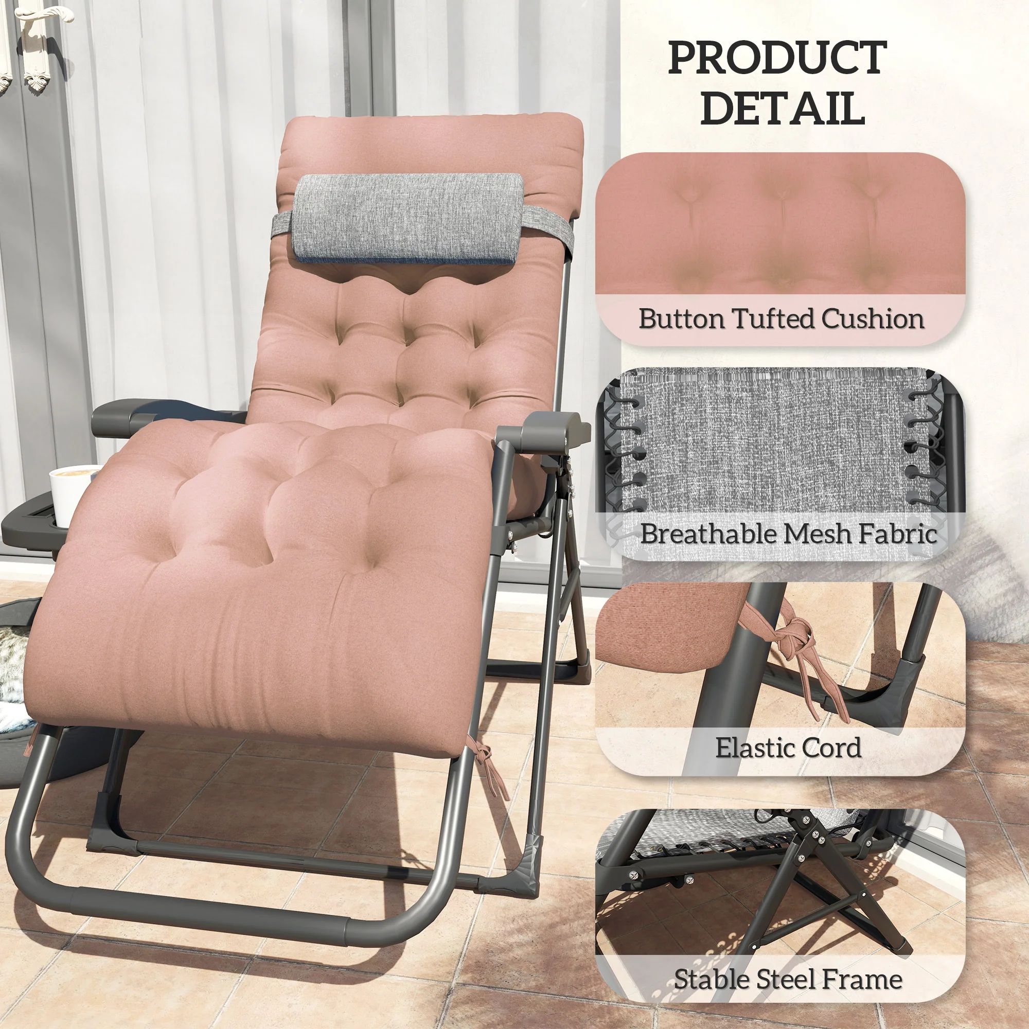 Padded Folding Recliner Chair with Cupholder, Adjustable Backrest & Cushion, Khaki - Image 9