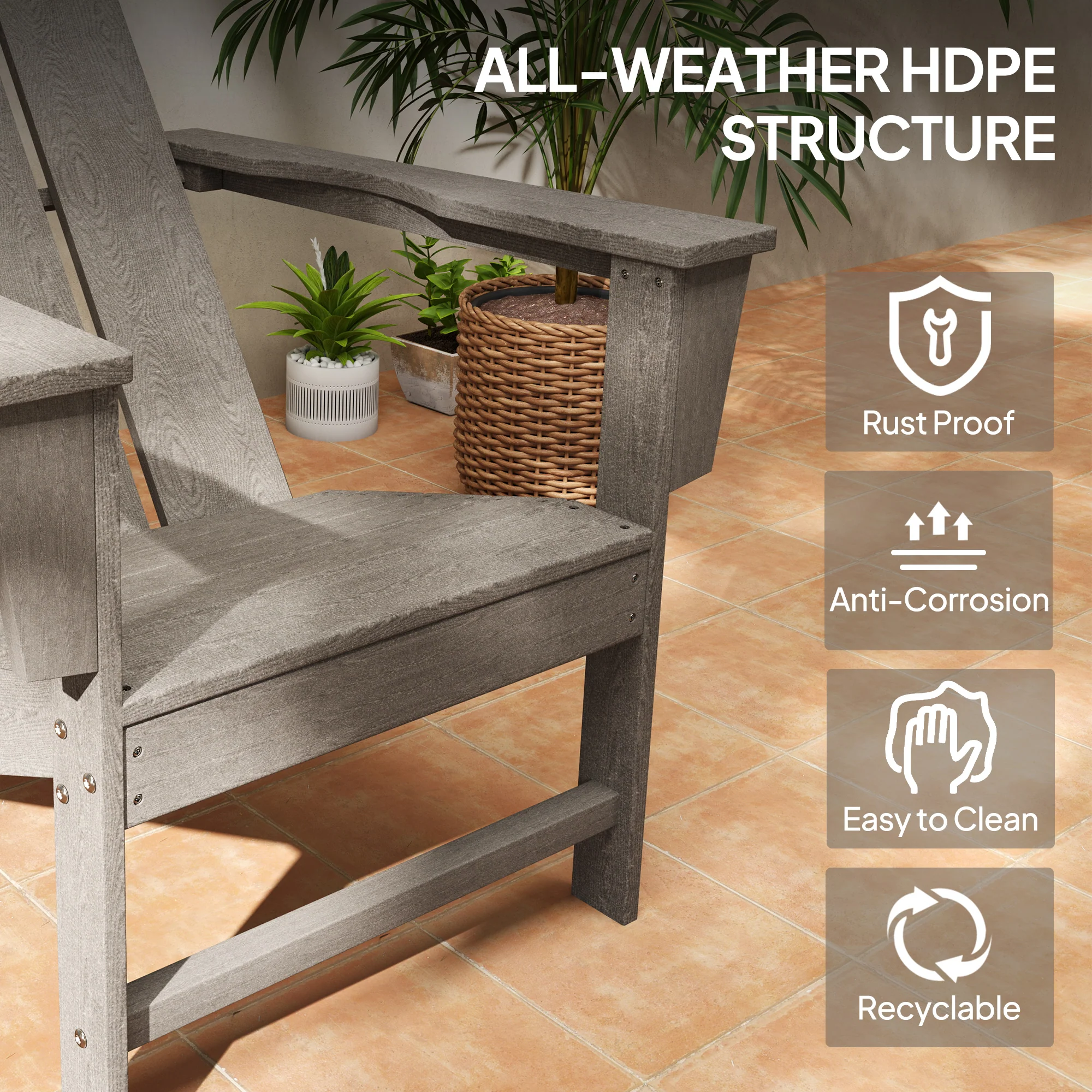 HDPE Plastic Adirondack Chair with High Back & Wide Armrests for Patio, Dark Grey - Image 7