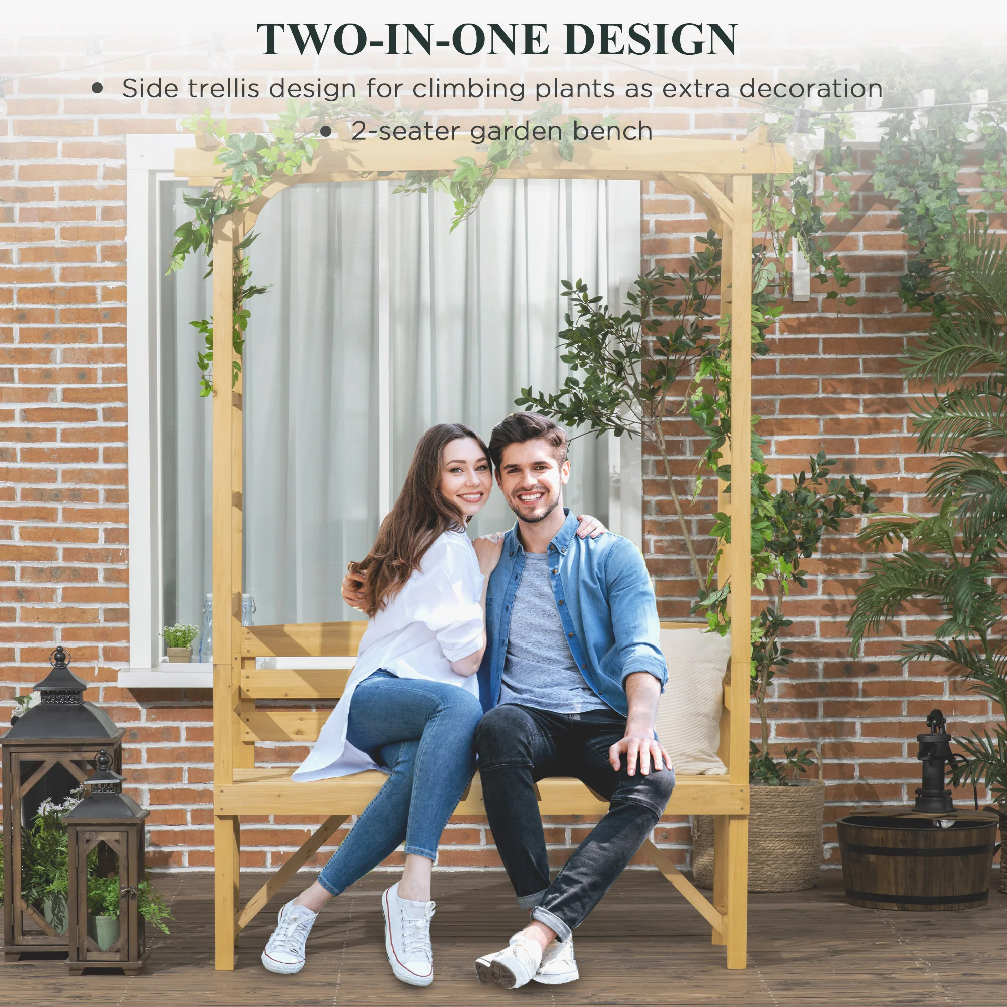 79.9" Patio Wooden Bench, Outdoor Garden Bench for Vines/Climbing Plants, Light Brown - Image 6