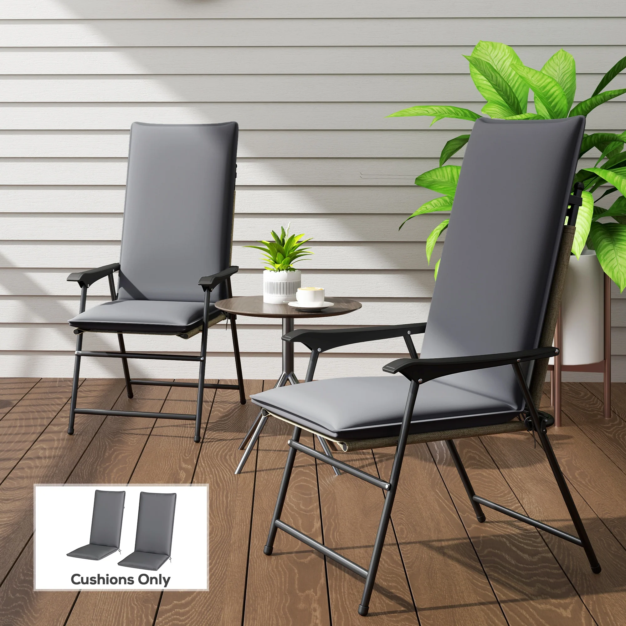 Set of 2 High Back Patio Chair Cushions with Ties, Dark Grey - Image 3