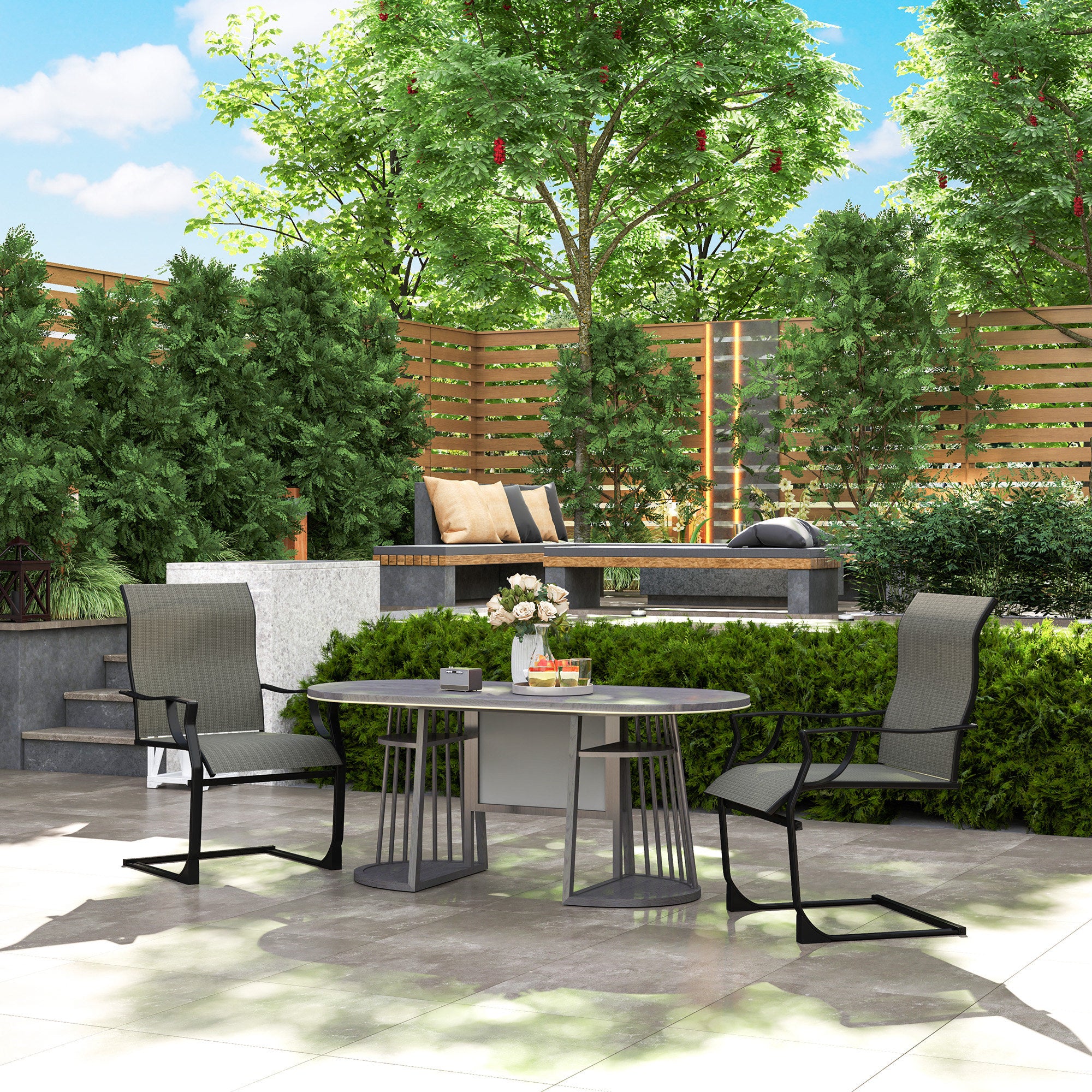 C Spring Motion Patio Chairs Set of 2 with Curved High Backrest & Breathable Fabric, Grey - Image 4