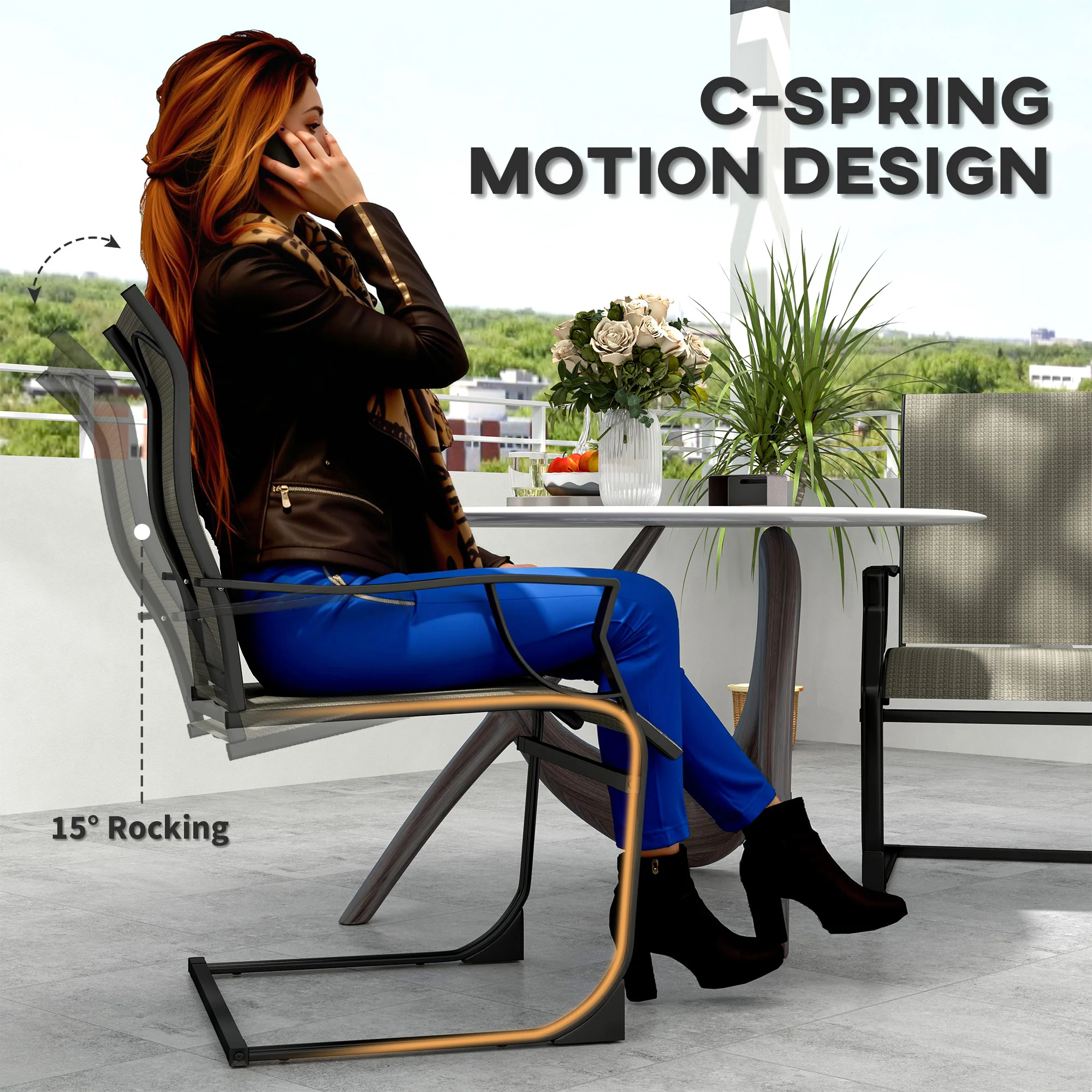 C Spring Motion Patio Chairs Set of 2 with Curved High Backrest & Breathable Fabric, Grey - Image 6