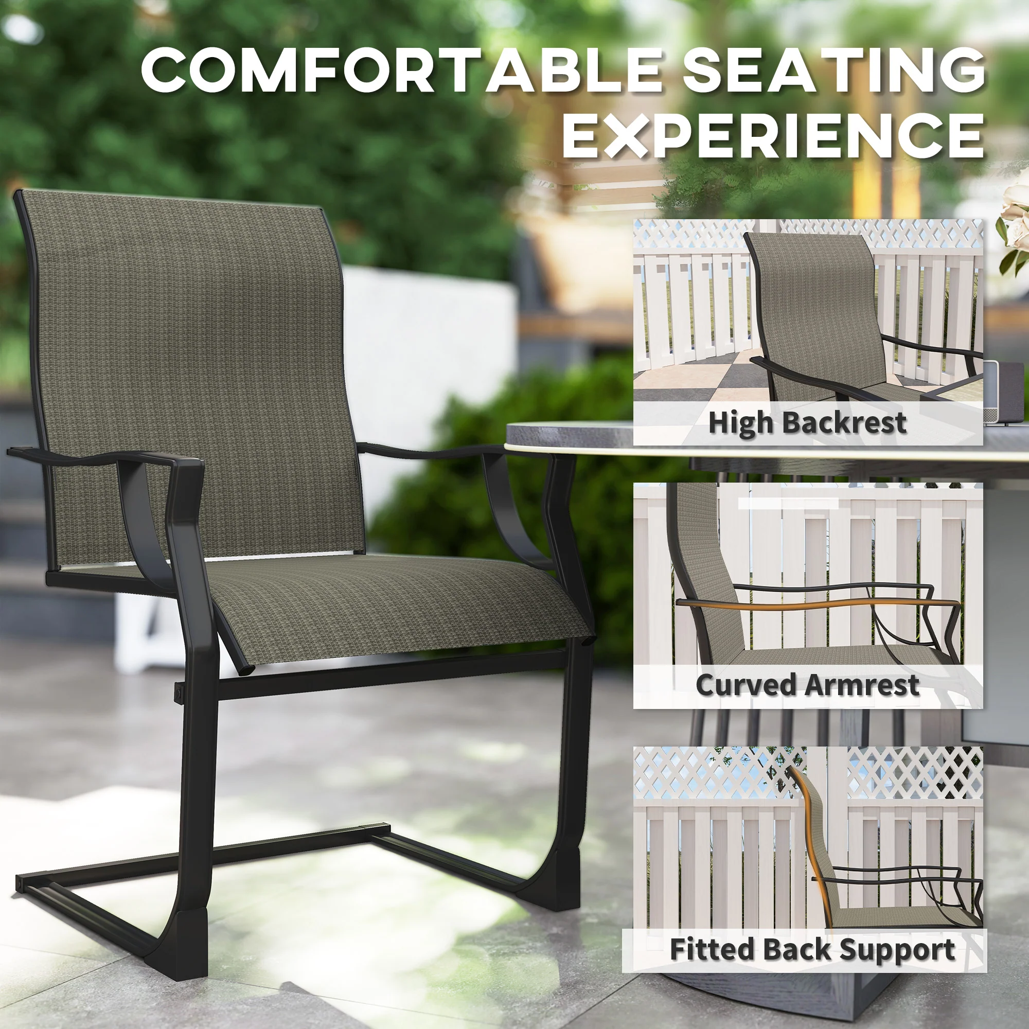 C Spring Motion Patio Chairs Set of 2 with Curved High Backrest & Breathable Fabric, Grey - Image 7