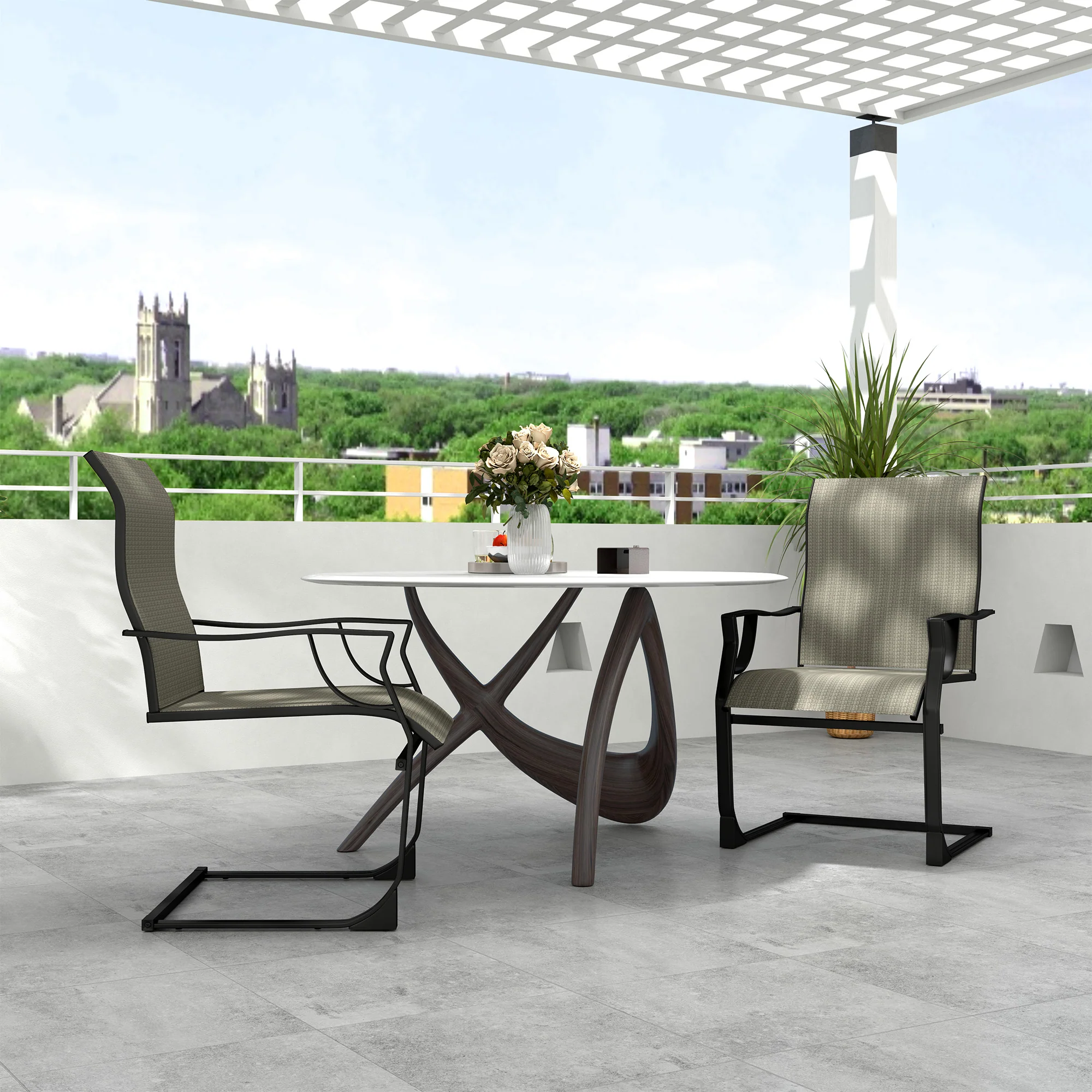 C Spring Motion Patio Chairs Set of 2 with Curved High Backrest & Breathable Fabric, Grey - Image 9