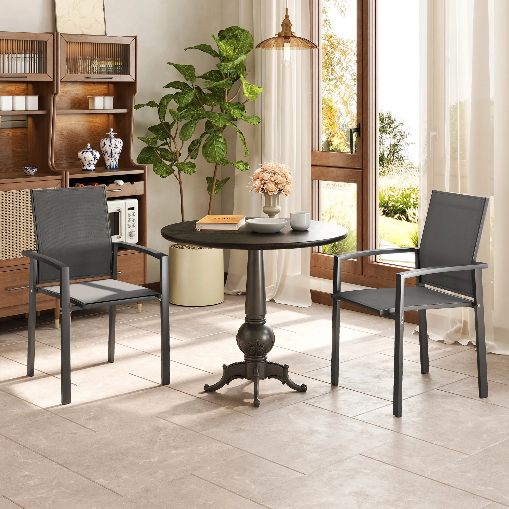 Set of 2 Stackable Patio Dining Chairs with Mesh Seat, Dark Grey - Image 10
