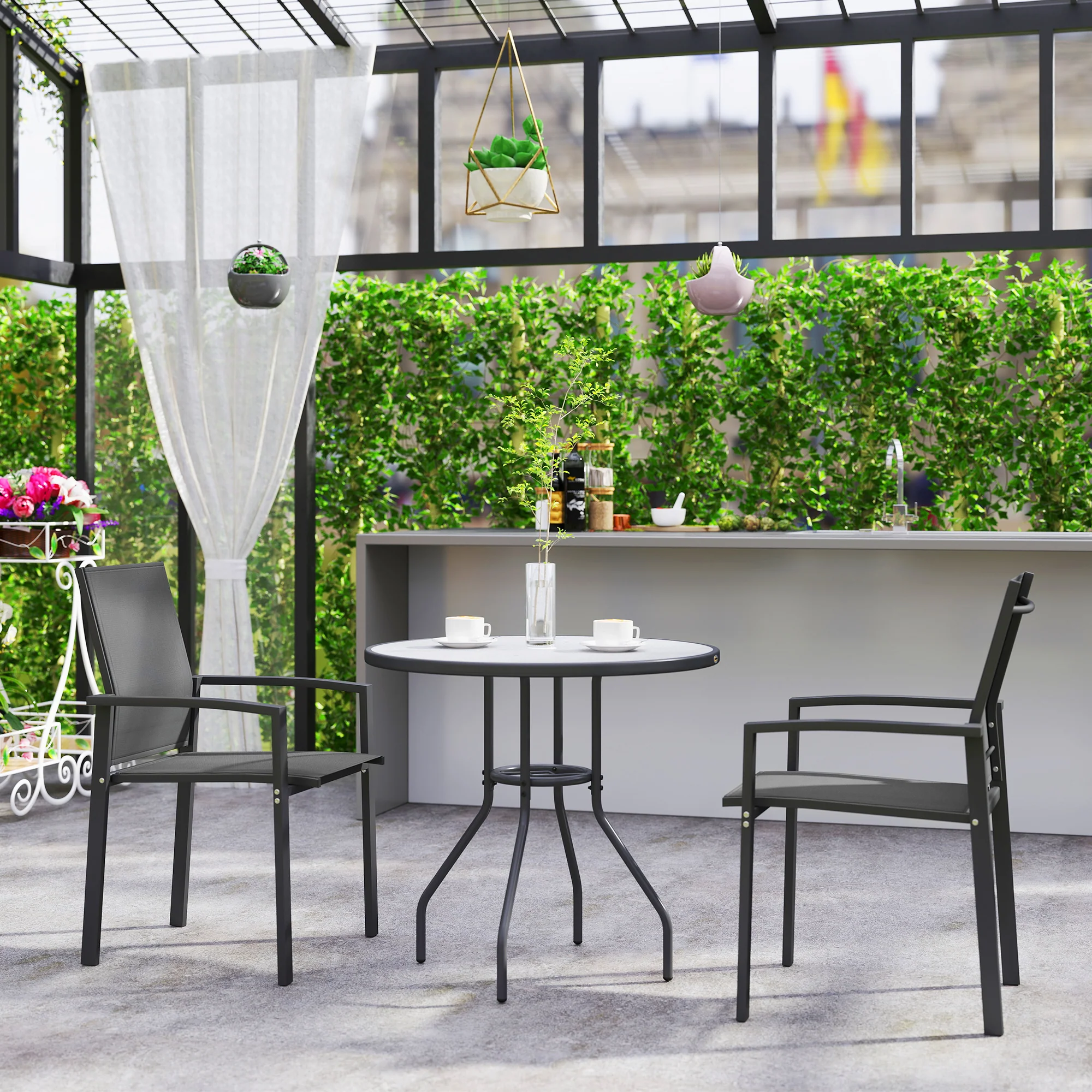 Set of 2 Stackable Patio Dining Chairs with Mesh Seat, Dark Grey - Image 11