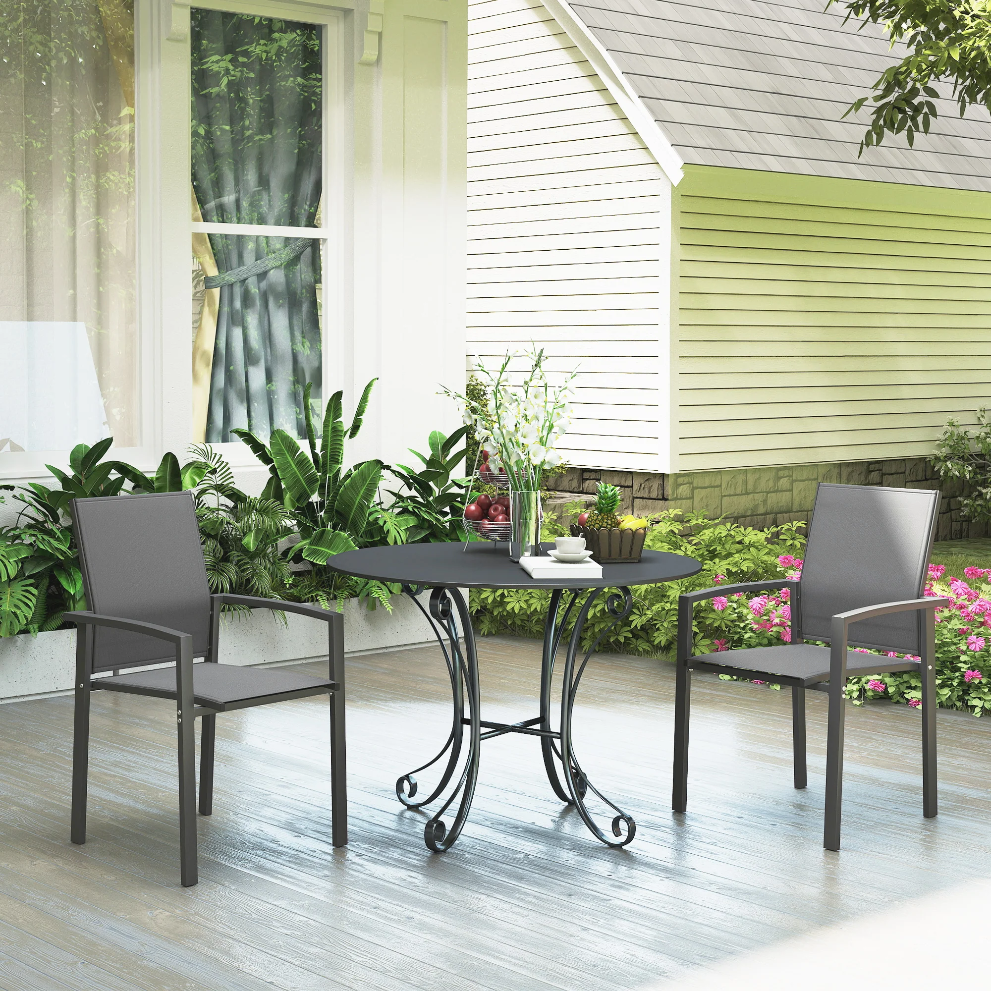 Set of 2 Stackable Patio Dining Chairs with Mesh Seat, Dark Grey - Image 4