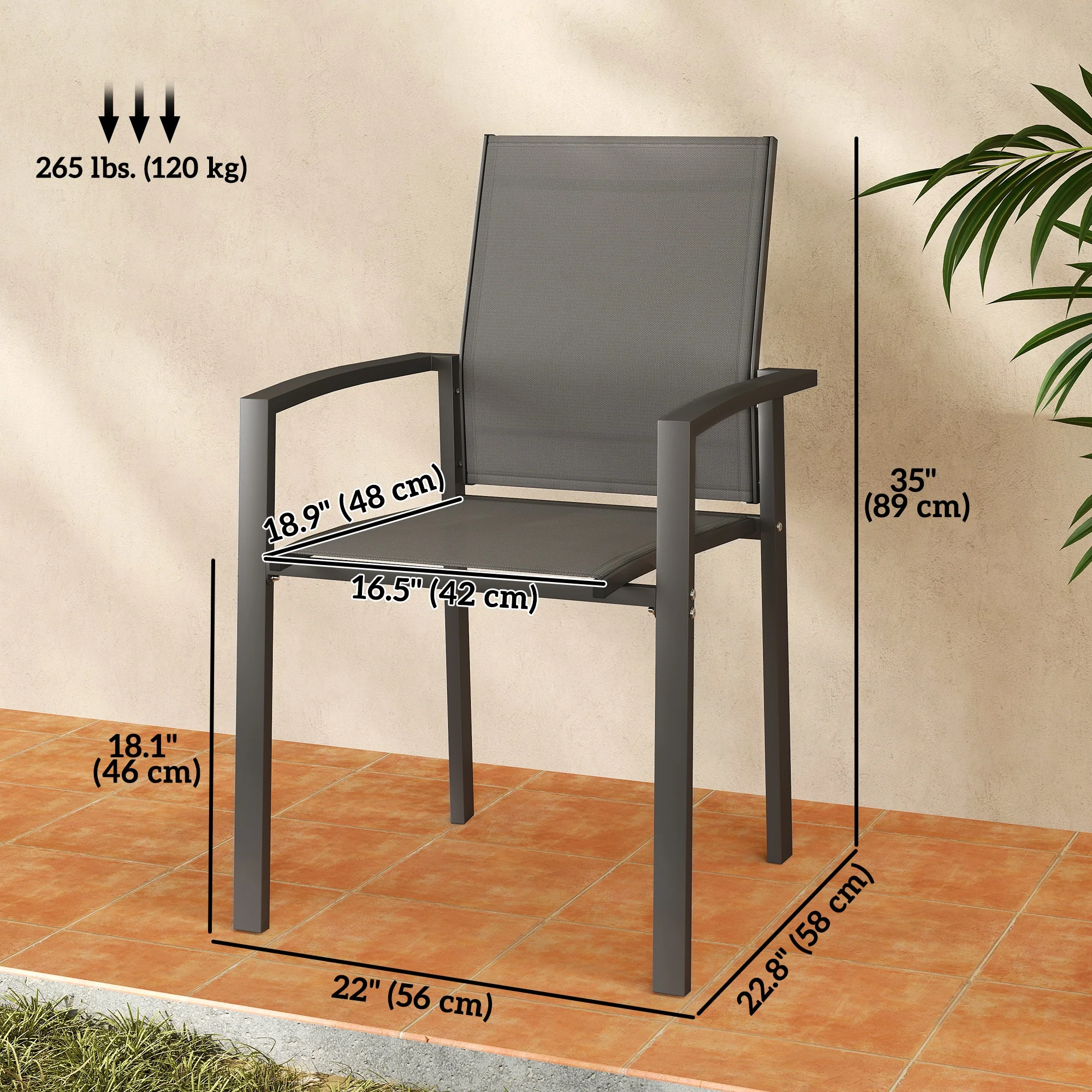 Set of 2 Stackable Patio Dining Chairs with Mesh Seat, Dark Grey - Image 5
