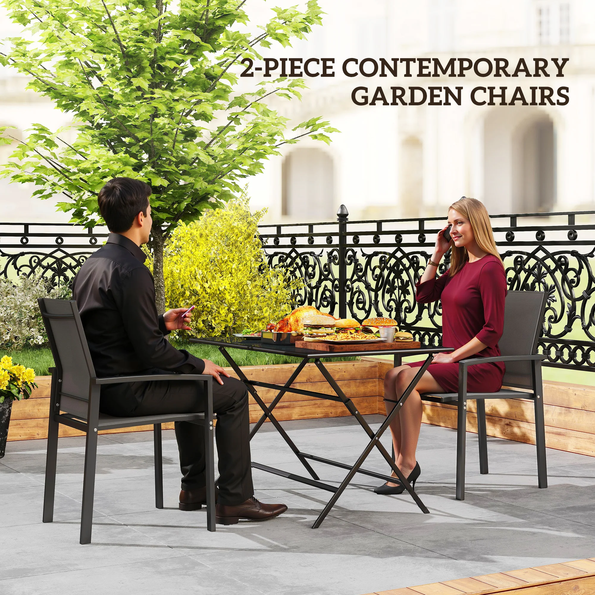 Set of 2 Stackable Patio Dining Chairs with Mesh Seat, Dark Grey - Image 6