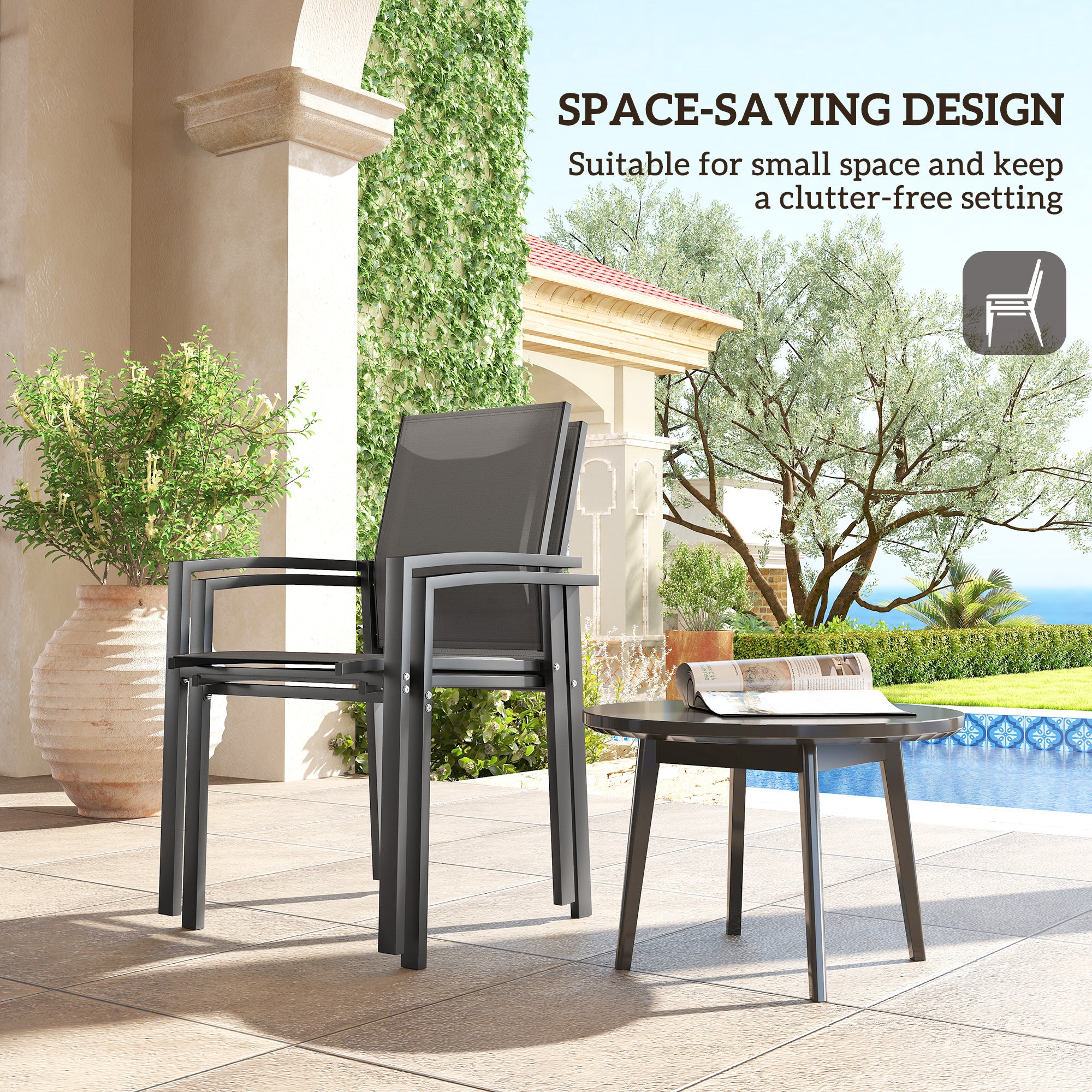 Set of 2 Stackable Patio Dining Chairs with Mesh Seat, Dark Grey - Image 9