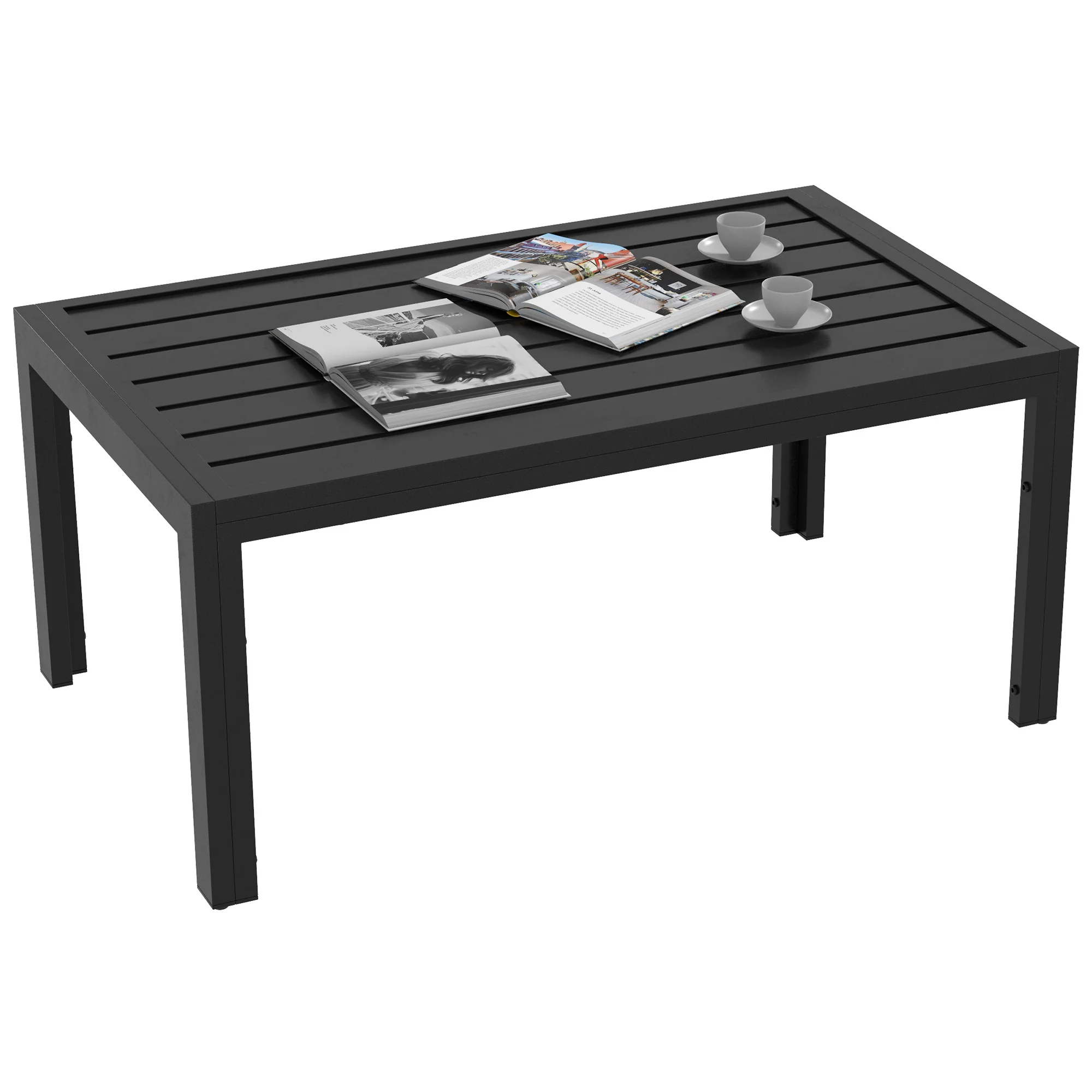 Rectangular Patio Side Table with Steel Frame & Slat Tabletop for Garden, Balcony, Black - Image 12