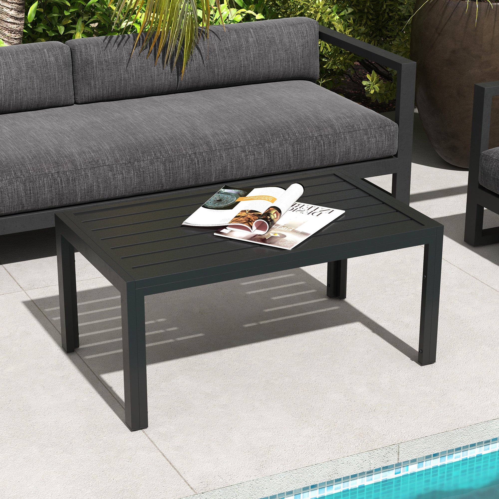 Rectangular Patio Side Table with Steel Frame & Slat Tabletop for Garden, Balcony, Black - Image 3