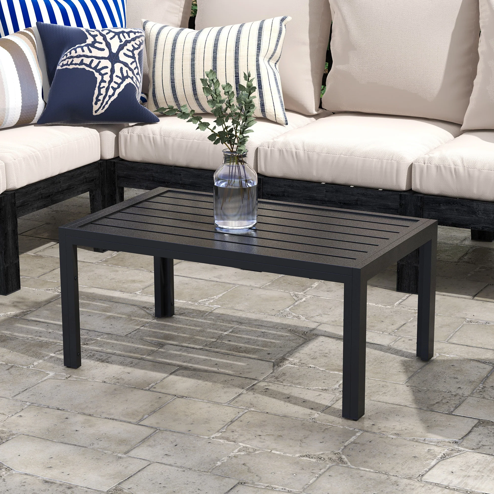 Rectangular Patio Side Table with Steel Frame & Slat Tabletop for Garden, Balcony, Black - Image 4
