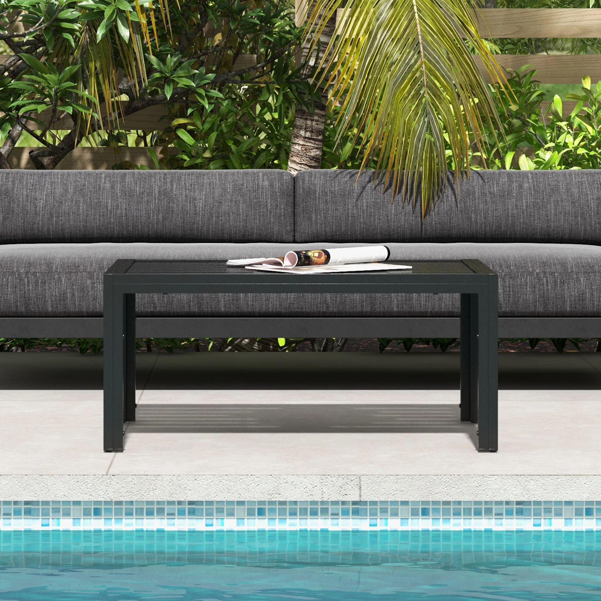 Rectangular Patio Side Table with Steel Frame & Slat Tabletop for Garden, Balcony, Black - Image 8