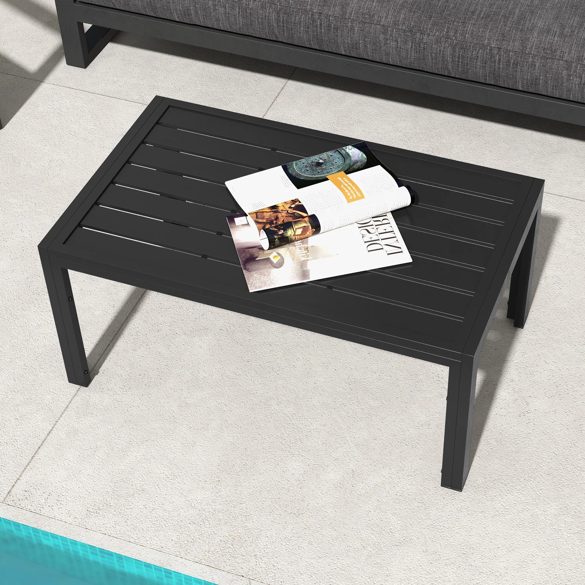 Rectangular Patio Side Table with Steel Frame & Slat Tabletop for Garden, Balcony, Black - Image 9