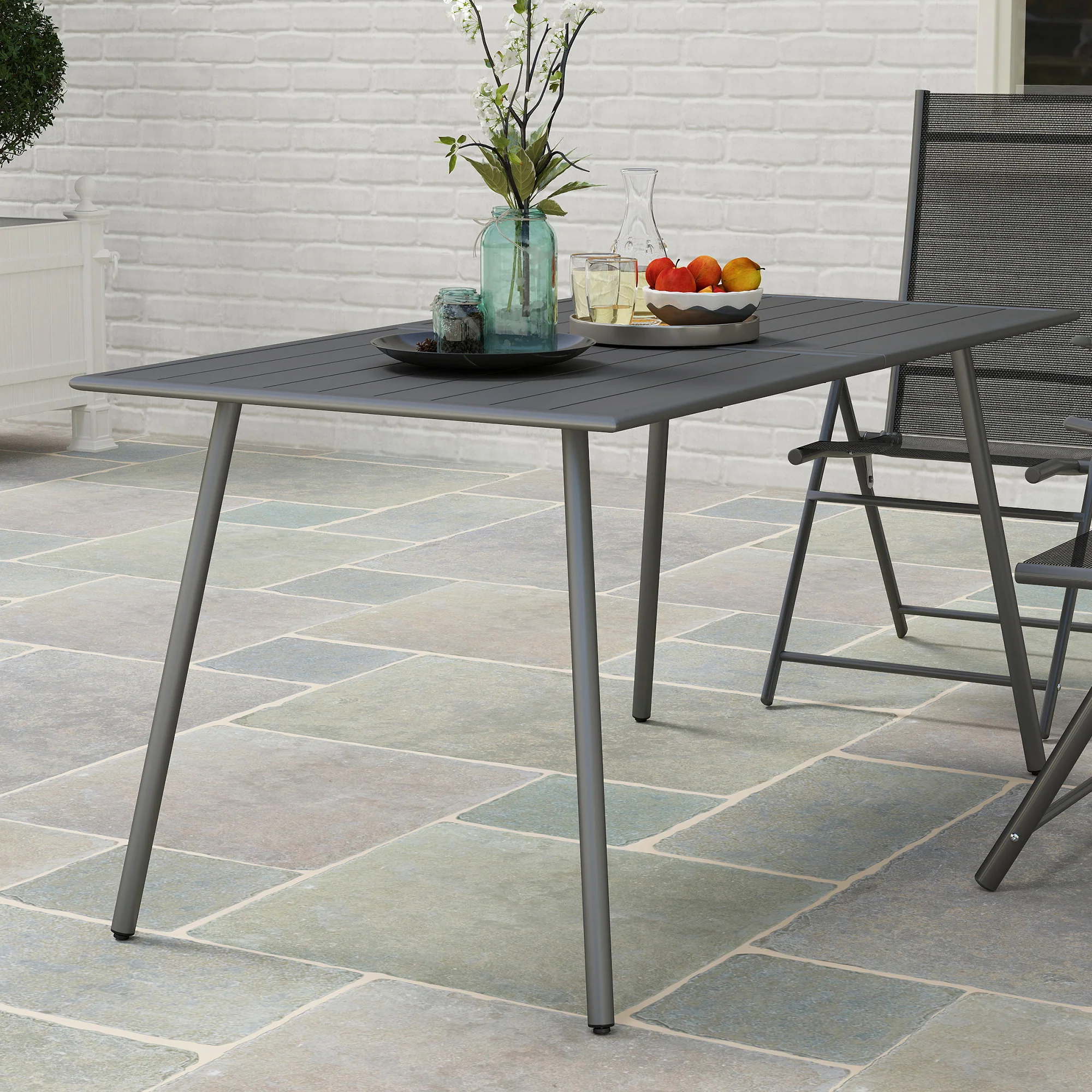 Rectangle Patio Dining Table for 6, Metal Steel Slat Table, 59" x 31.5" x 29", Grey - Image 10
