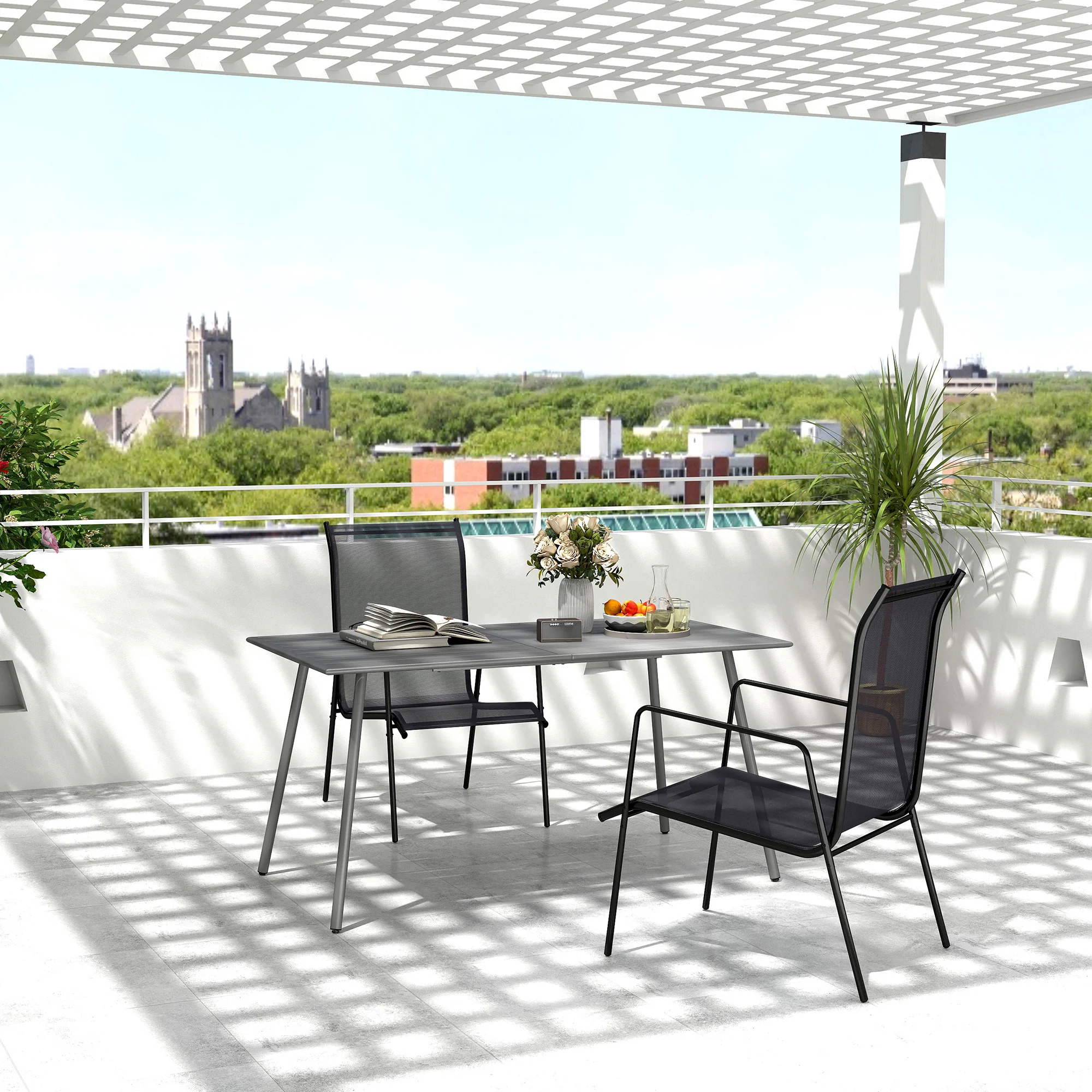 Rectangle Patio Dining Table for 6, Metal Steel Slat Table, 59" x 31.5" x 29", Grey - Image 3