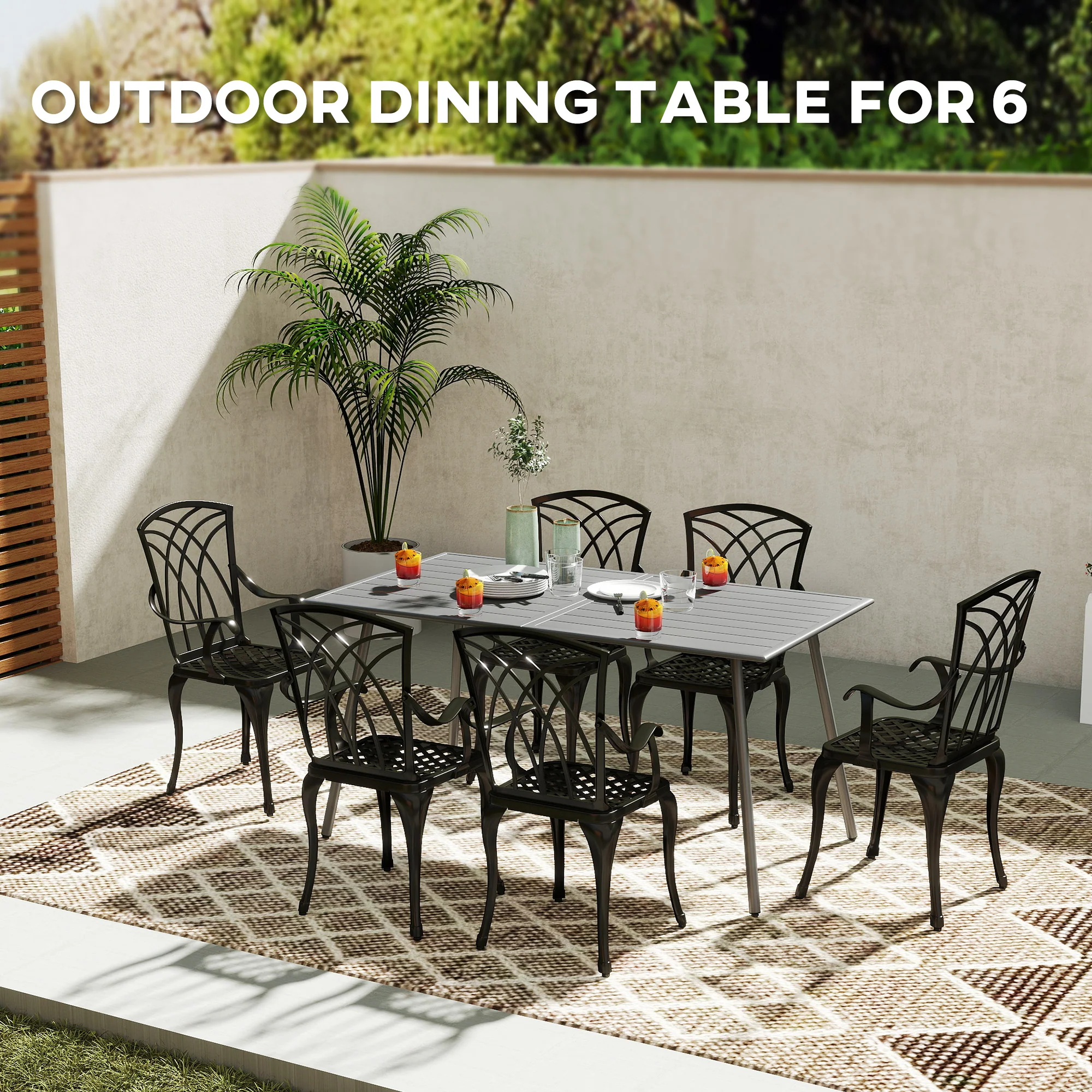 Rectangle Patio Dining Table for 6, Metal Steel Slat Table, 59" x 31.5" x 29", Grey - Image 6